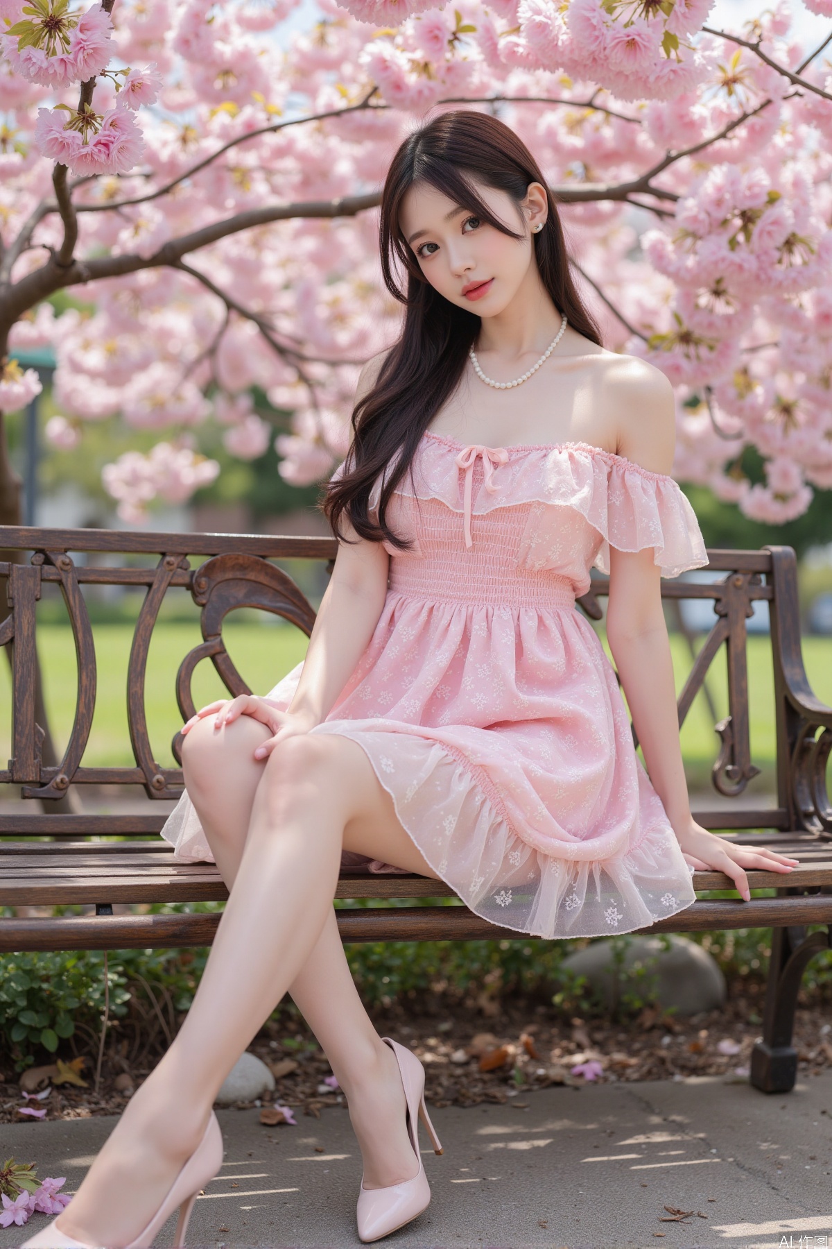 Realistic photo, one young woman, long hair, fair skin, off-shoulder dress, (shiny stockings), long legs, high heels, full body, sitting, bench, cherry tree,