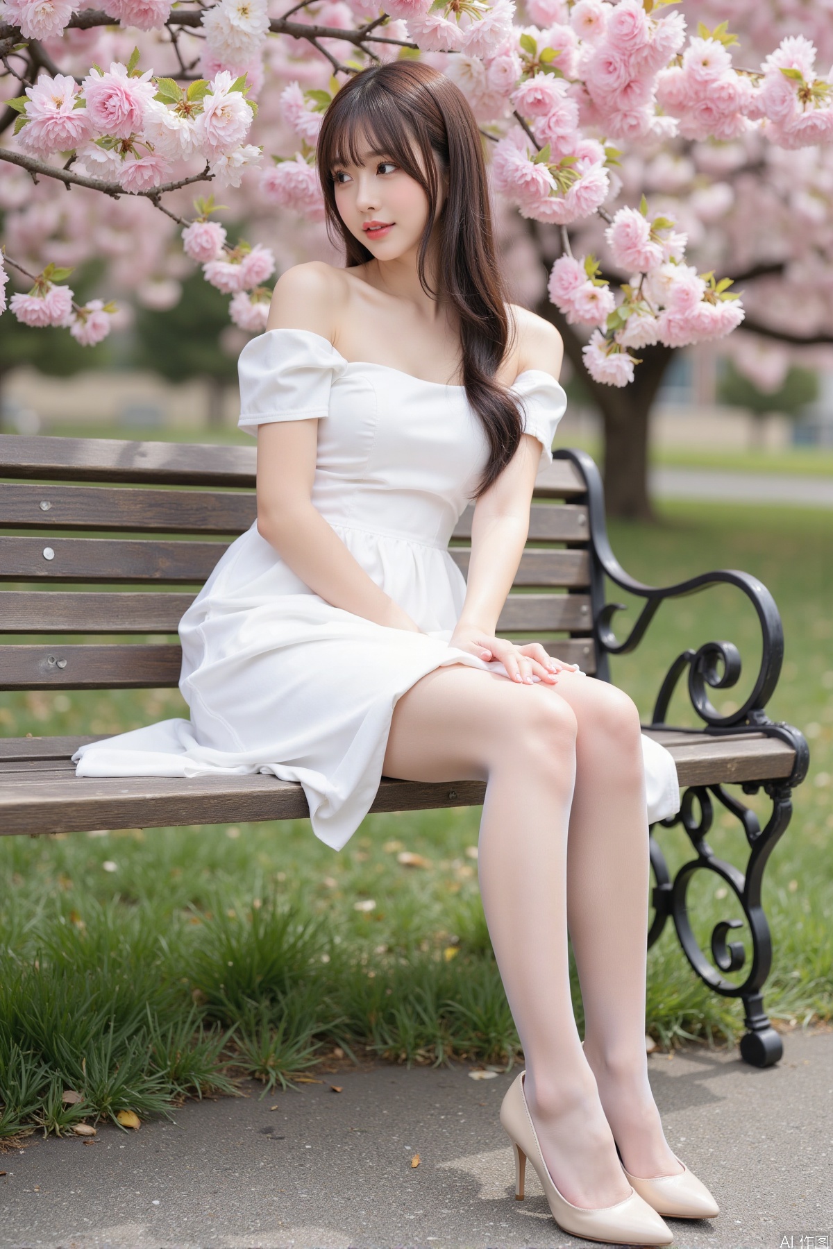 Realistic photo, one young woman, long hair, fair skin, off-shoulder dress, (shiny stockings), long legs, high heels, full body, sitting, bench, cherry tree,
