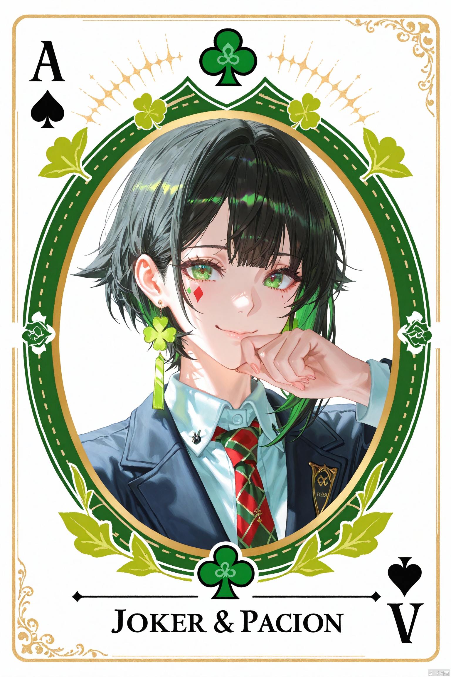 Poker background, real poker,ace,♠️A,
White background, very long hair, simple background, white theme, folds, close your mouth,

1girls,spade \(shape\), male focus, playing card, green eyes, solo, card, club \(shape\), earrings, jewelry, diamond \(shape\), smile, looking at viewer, necktie, short hair, shirt, facial mark, collared shirt, ace \(playing card\), black hair, green theme, character name, jacket, clover, ace of spades, closed mouth, white background

Poker♠️,Trump card, card,poker,ace (playing card),joker_(playing_card),





((artist:betabeet)), artist:john_kafka, artist:nixeu, artist:quasarcake, ((artist:reoen),(artist:fuzichoco),(artist:atdan),(artist:torino_aqua),year 2024:0.8), 
(by xilmo, by modare, by reoen:1.1), (hyperrealistic:1.1), (high_contrast:1.1), (holy_(\theme\):1.2), (card_\(theme\):1.1), solo, (white-color-scheme:1.1),Character card, thick ,facial lighting,",Poker