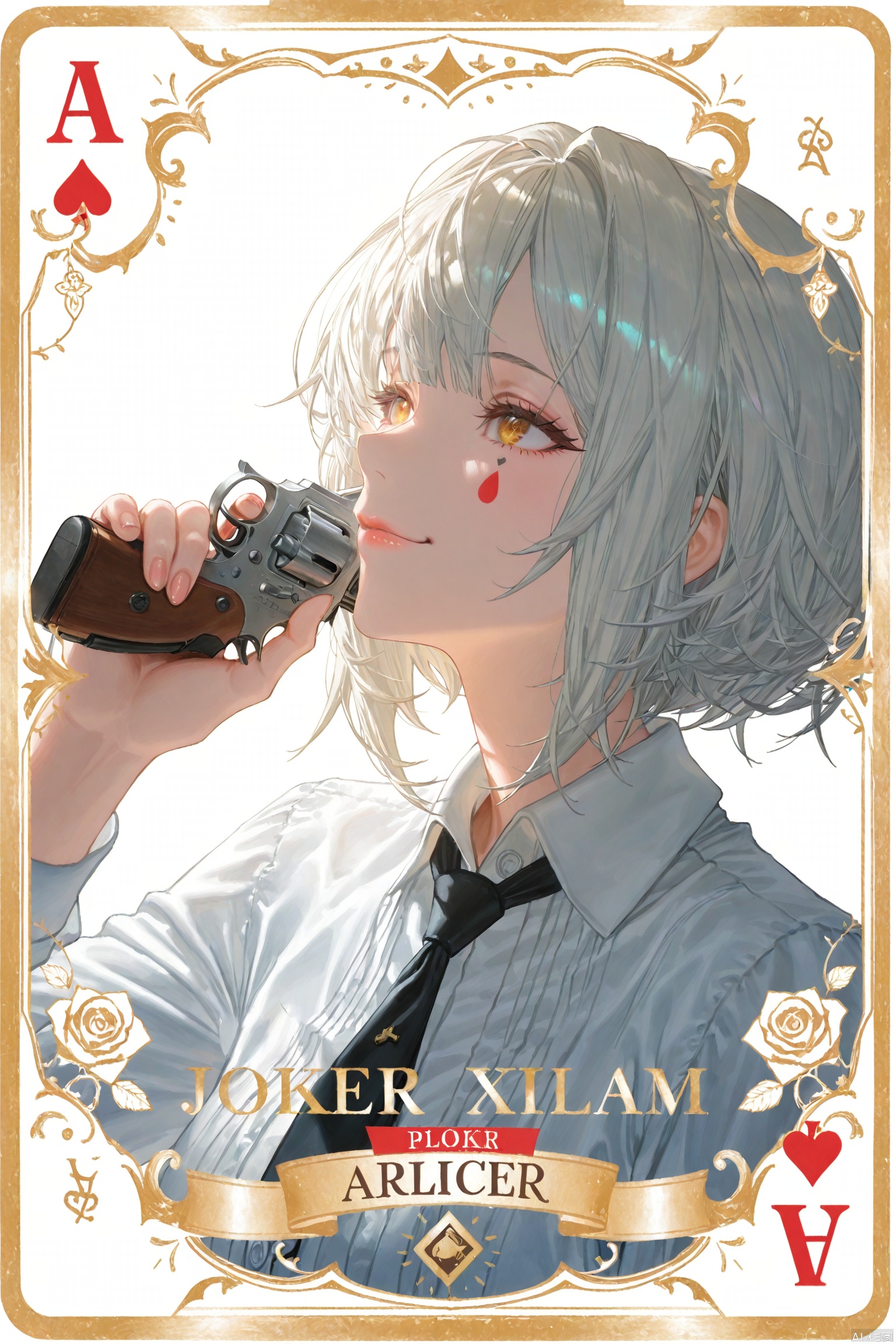 Poker background, real poker,ace,♠️A,
White background, very long hair, simple background, white theme, folds, close your mouth,

1 girl, gun, weapon, male focus, poker card, card, solo, tie, pistol, revolver, smile, monochrome, rose, hold, short hair, shirt, hold weapon, poker 

Poker♠️,Trump card, card,poker,ace (playing card),joker_(playing_card),





((artist:betabeet)), artist:john_kafka, artist:nixeu, artist:quasarcake, ((artist:reoen),(artist:fuzichoco),(artist:atdan),(artist:torino_aqua),year 2024:0.8), 
(by xilmo, by modare, by reoen:1.1), (hyperrealistic:1.1), (high_contrast:1.1), (holy_(\theme\):1.2), (card_\(theme\):1.1), solo, (white-color-scheme:1.1),Character card, thick ,facial lighting,",Poker