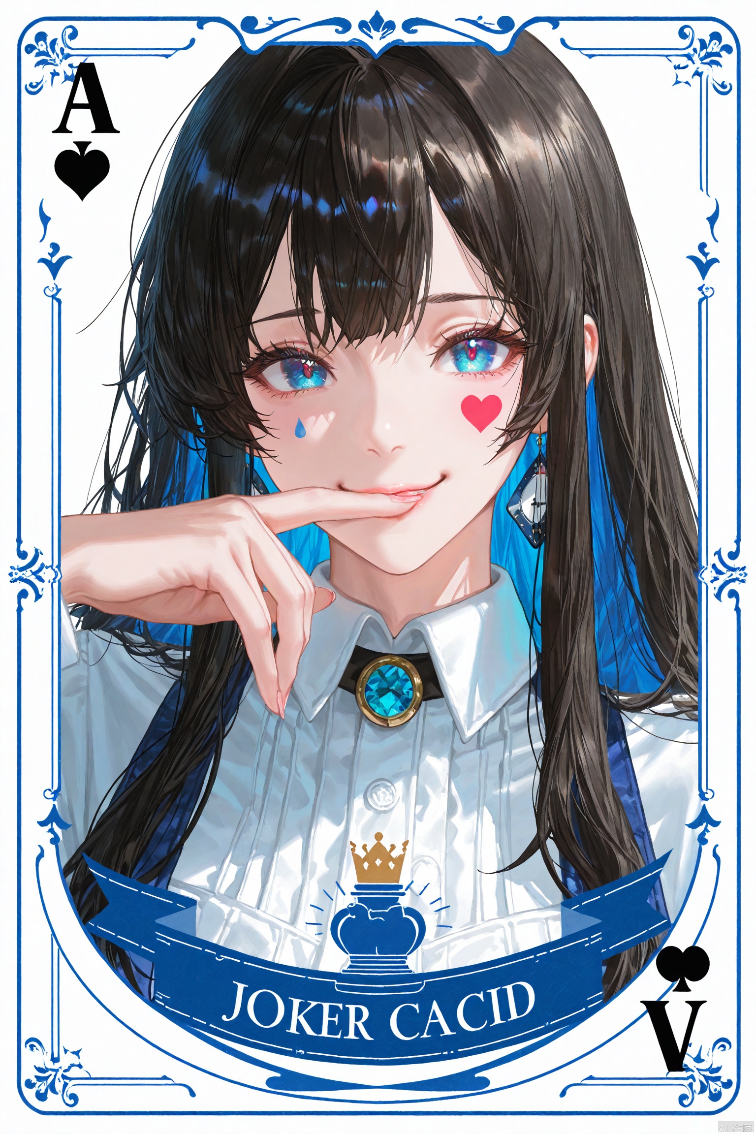 Poker background, real poker,ace,♠️A,
White background, very long hair, simple background, white theme, folds, close your mouth,


blue eyes, solo, playing card, card \(medium\), 1girl, looking at viewer, card, smile, character name, black hair, heart, white background, english text, spot color, blue theme


Poker♠️,Trump card, card,poker,ace (playing card),joker_(playing_card),





((artist:betabeet)), artist:john_kafka, artist:nixeu, artist:quasarcake, ((artist:reoen),(artist:fuzichoco),(artist:atdan),(artist:torino_aqua),year 2024:0.8), 
(by xilmo, by modare, by reoen:1.1), (hyperrealistic:1.1), (high_contrast:1.1), (holy_(\theme\):1.2), (card_\(theme\):1.1), solo, (white-color-scheme:1.1),Character card, thick ,facial lighting,",Poker
