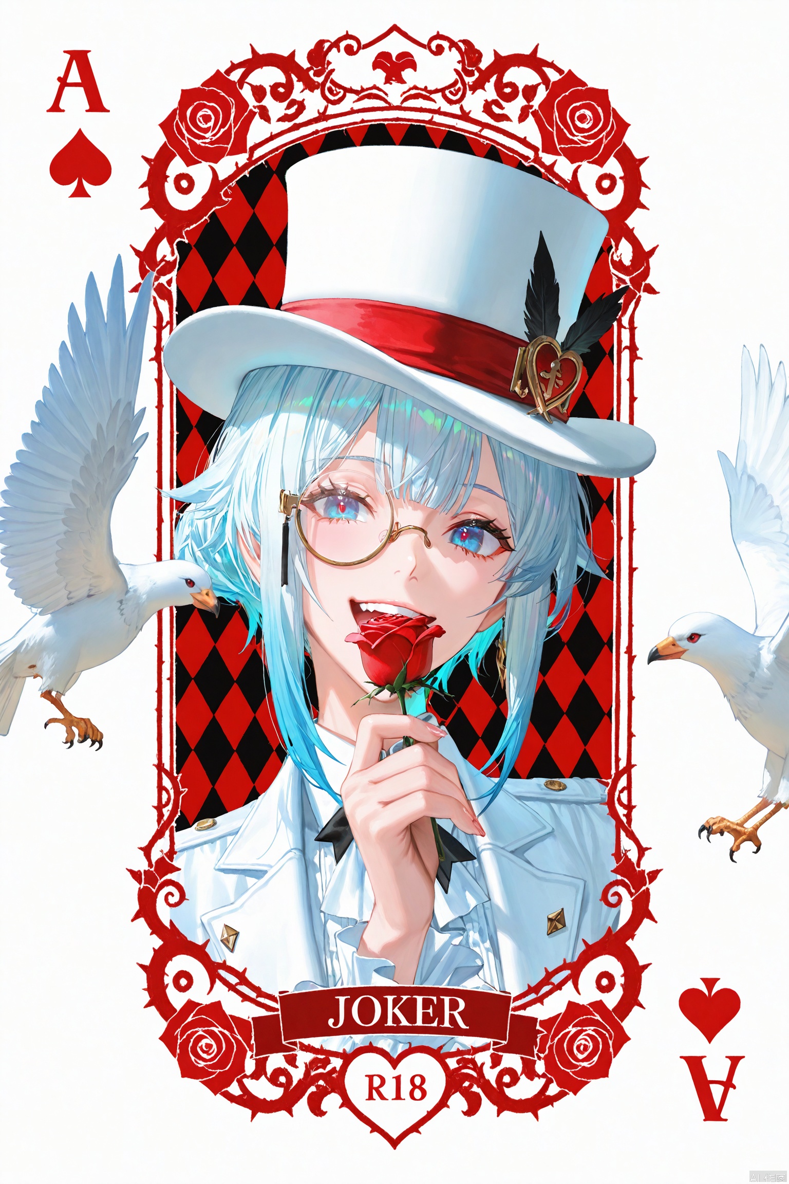Poker background, real poker,ace,♠️A,
White background, very long hair, simple background, white theme, folds, close your mouth,

1girls,top hat, monocle, hat, blue eyes, playing card, male focus, card, flower, solo, rose, heart, bird, looking at viewer, ace \(playing card\), smile, english text, red flower, short hair, spot color, dove, red rose, open mouth, spade \(shape\), thorns, ace of hearts, white background

Poker♠️,Trump card, card,poker,ace (playing card),joker_(playing_card),





((artist:betabeet)), artist:john_kafka, artist:nixeu, artist:quasarcake, ((artist:reoen),(artist:fuzichoco),(artist:atdan),(artist:torino_aqua),year 2024:0.8), 
(by xilmo, by modare, by reoen:1.1), (hyperrealistic:1.1), (high_contrast:1.1), (holy_(\theme\):1.2), (card_\(theme\):1.1), solo, (white-color-scheme:1.1),Character card, thick ,facial lighting,",Poker