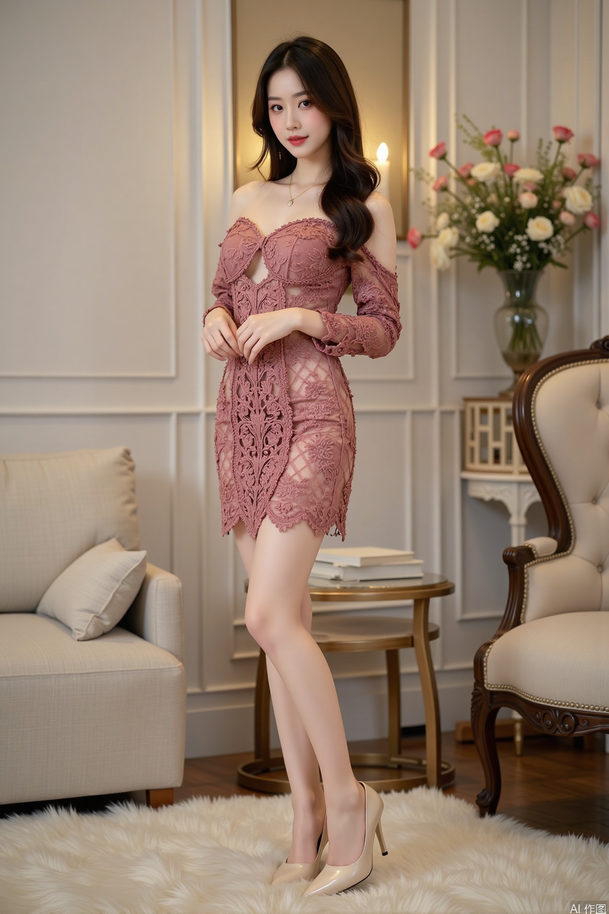 Realistic photo, one young woman, long hair, fair skin, off-shoulder hollow out dress, long legs, high heels, full body, luxury living room, flowers,