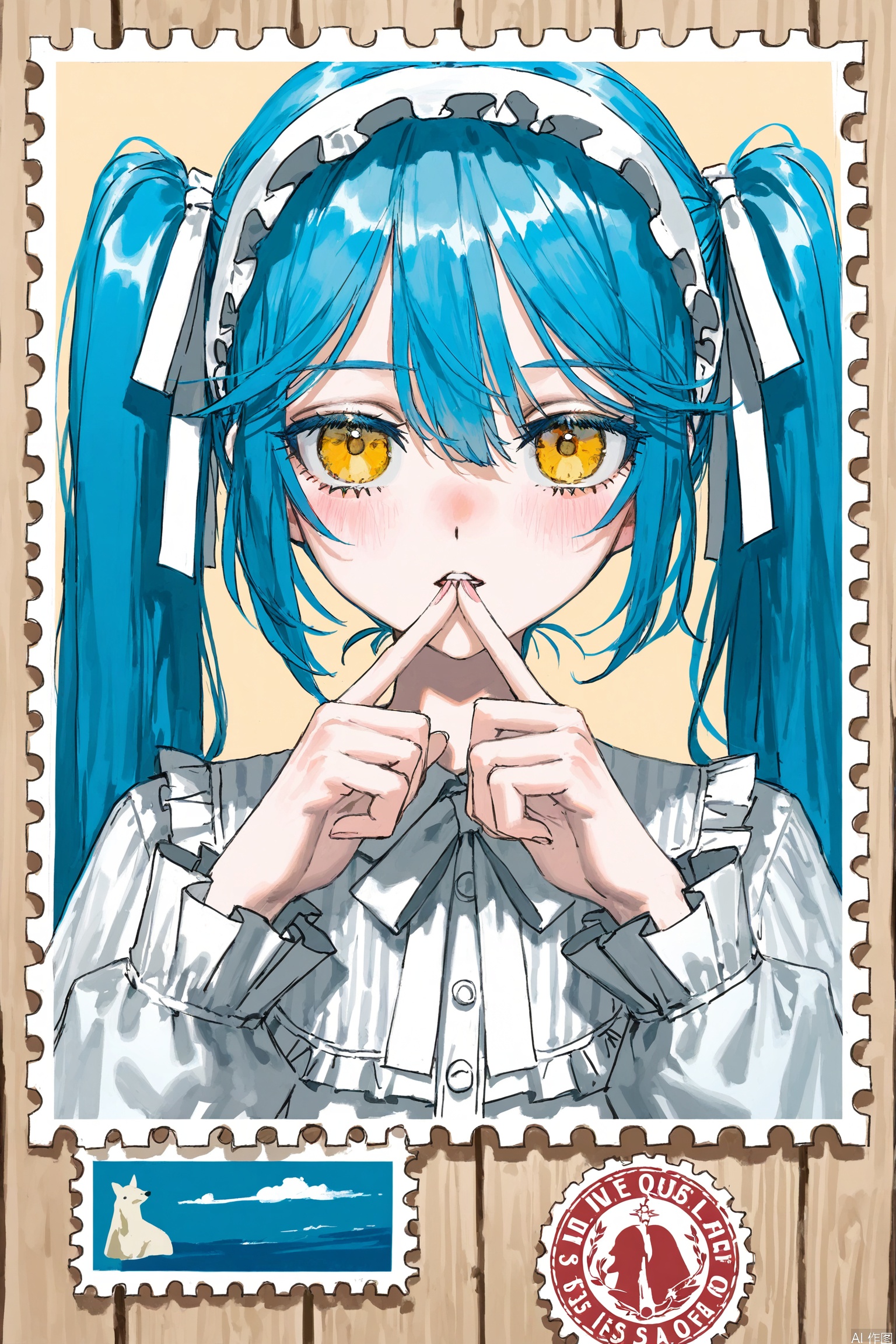 (artist:quasarcake:0.8),extreme aesthetic,(wlop:0.6), single drill,Long hair,simple background, white theme, folds, close your mouth,
graphite \(medium\),(monochrome:1.1),postage stamp,,Stamp style

Postage stamp

solo, 1girl, blue hair, looking at viewer, yellow eyes, long hair, twintails, parted lips, long sleeves, frills, upper body, dress, hair between eyes, blush, white bow, hairband, white ribbon

The background of the stamp is blurred,Cute style,
(Stamp: 0.5