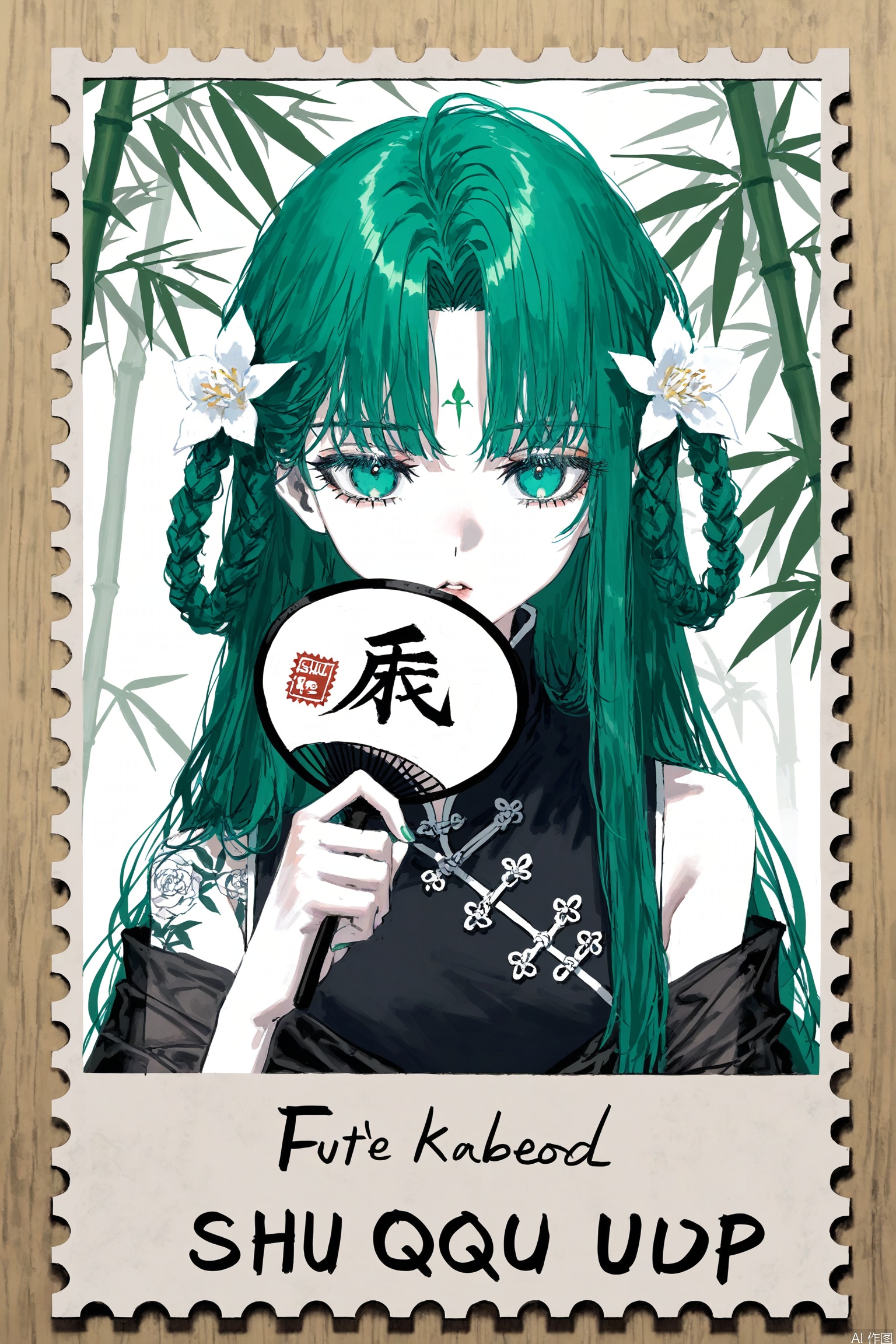 (artist:quasarcake:0.8),extreme aesthetic,(wlop:0.6), single drill,Long hair,simple background, white theme, folds, close your mouth,
graphite \(medium\),(monochrome:1.1),postage stamp,,Stamp style

Postage stamp

1 girl, hair ornament, green hair, upper body, long hair, sleeveless, dress, bare shoulders, holding a fan, hand fan, looking at the audience, hair ring, braid, white flower, black dress, facial mark, sleeveless dress, separate bangs, braided hair ring, Chinese clothes, jewelry, tattoo, forehead mark, bamboo, shut up, microblog logo, eyelashes, green eyes, folds, separated lips, black sleeves, shawl, separated sleeves,

The background of the stamp is blurred,