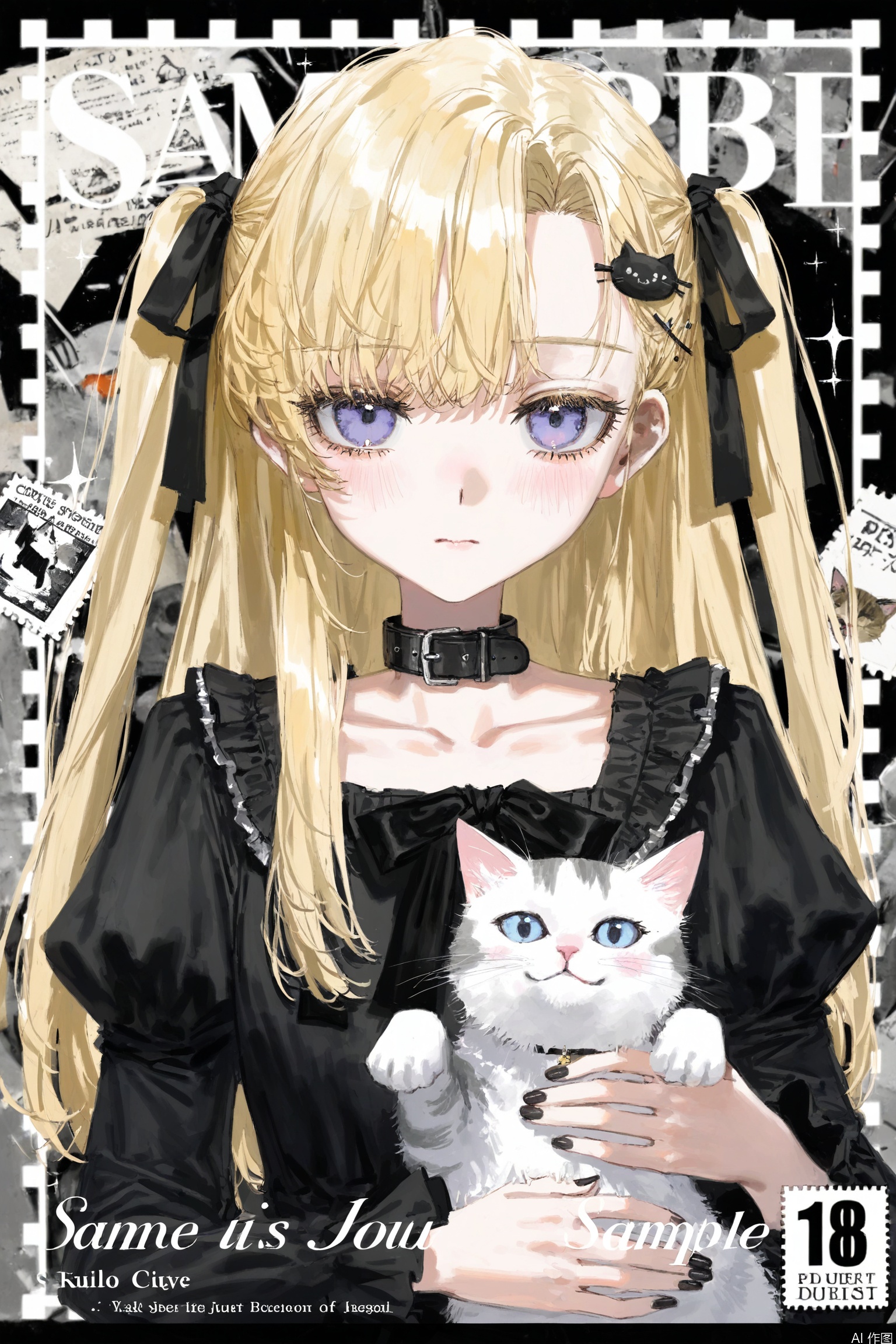 (artist:quasarcake:0.8),extreme aesthetic,(wlop:0.6), single drill,Long hair,simple background, white theme, folds, close your mouth,
graphite \(medium\),(monochrome:1.1),postage stamp,,Stamp style

Postage stamp

1girl, blonde hair, dress, long hair, solo, long sleeves, purple eyes, ribbon, black dress, puffy sleeves, juliet sleeves, black ribbon, hair ribbon, upper body, hair ornament, frills, looking at viewer, eyelashes, two side up, sparkle, black nails, blush, closed mouth, collar, sample watermark, bow, letterboxed, english text, cat, black bow, collarbone

The background of the stamp is blurred,Cute style,
(Stamp: 0.5
