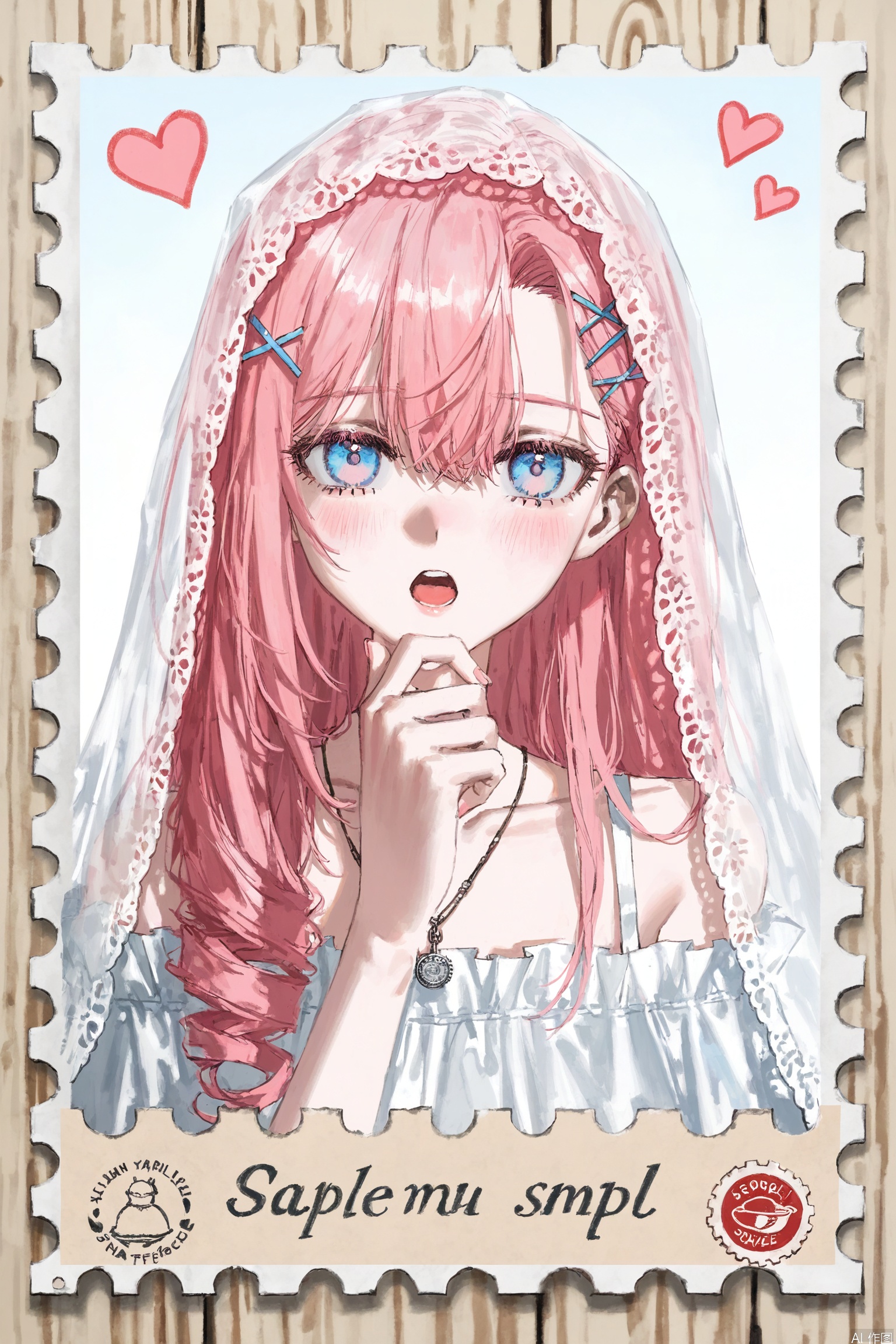 (artist:quasarcake:0.8),extreme aesthetic,(wlop:0.6), single drill,Long hair,simple background, white theme, folds, close your mouth,
graphite \(medium\),(monochrome:1.1),postage stamp,,Stamp style

Postage stamp

1 girl, pink eyes, hair ornament, pink hair, long hair, hair clip, collarbone, open mouth, jewelry, sample watermark, necklace, x hair ornament, heart, blush, hair between the eyes, bare shoulders, veil
The background of the stamp is blurred,Cute style,
(Stamp: 0.5