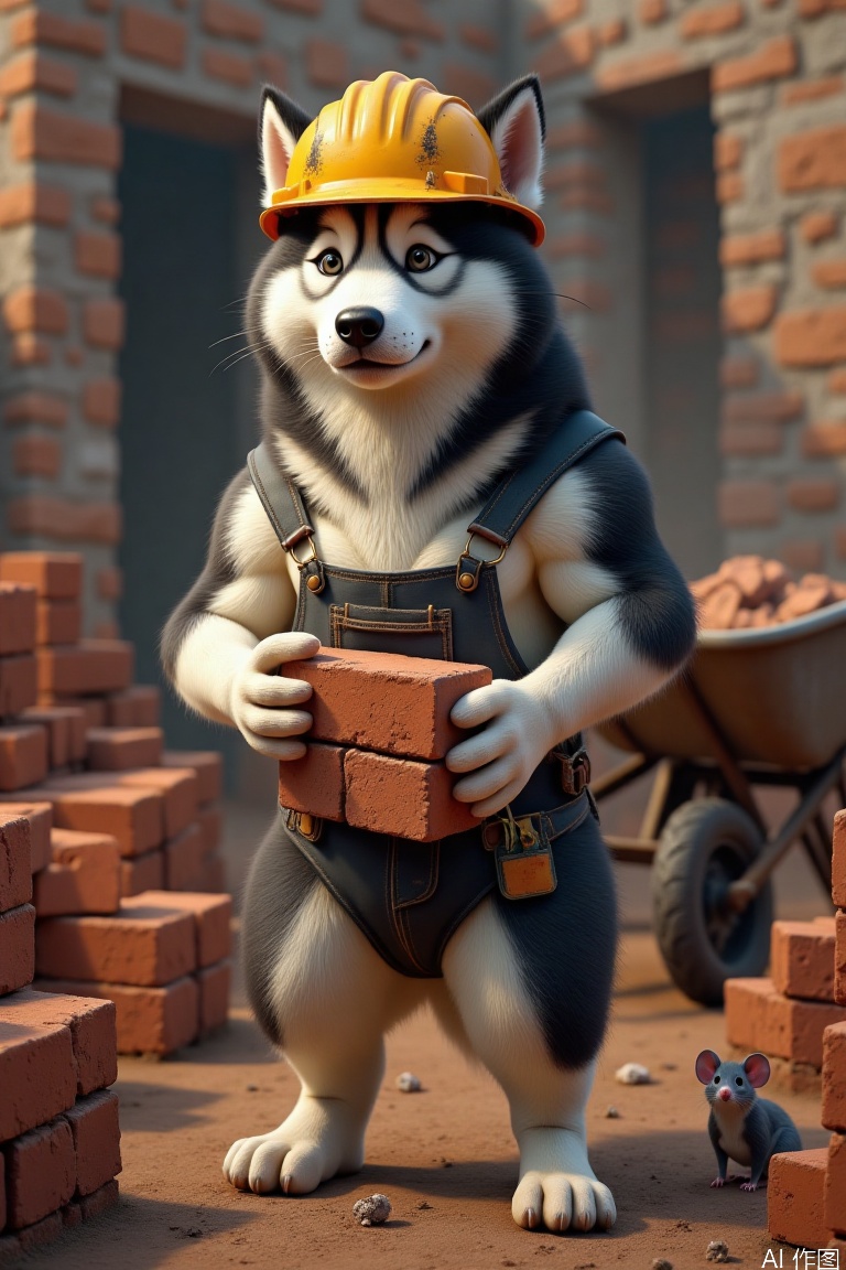 Realistic-style Husky: A chubby yet muscular build (strong shoulders and legs with a slightly rounded belly), standing upright on hind legs in a human-like posture, gripping weathered red bricks with its front paws, and wearing a realistically proportioned hard hat. The fur is finely detailed (black, white, and gray gradients with a dusty texture), and its eyes show focus with a hint of pride. The background is a dusk construction site (piles of bricks, a rusty wheelbarrow), rendered with dusty golden-hour lighting, and a realistic mouse peeking out from the cracks of the bricks. Emphasize anatomical muscle structure, brick and metal textures, and fur lighting contrasts to create a surreal, absurd laborer atmosphere."