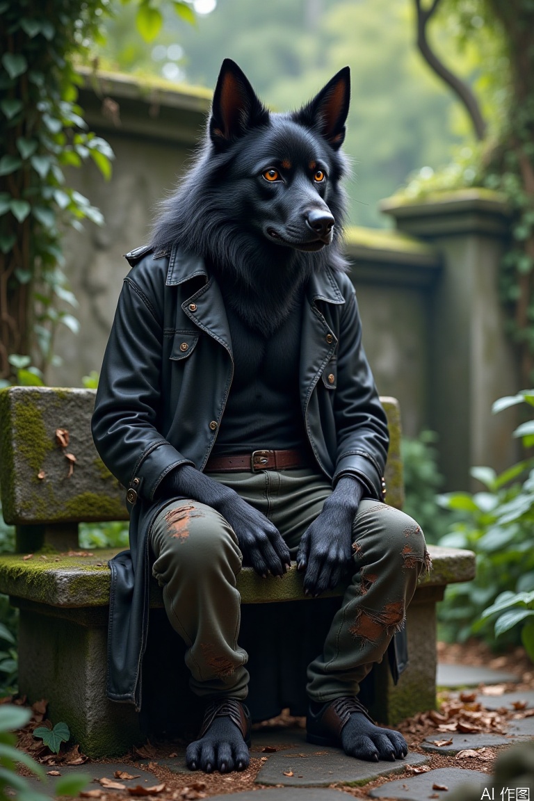 A realistic anthropomorphic ragged black dog: A tall, lean, humanoid dog with matted black fur and a weathered appearance, sitting on a moss-covered stone bench. Its fur is uneven, with patches of dirt and tangled strands, and its expressive eyes show a mix of weariness and resilience. The dog wears tattered clothing—a frayed coat and torn pants—adding to its rugged look. The bench is set in a quiet, overgrown garden, with ivy creeping up the stone and fallen leaves scattered on the ground. The lighting is soft and diffused, with a hint of sunlight breaking through the canopy above. Focus on realistic fur texture, anatomical accuracy, and the melancholic yet dignified atmosphere of the scene,