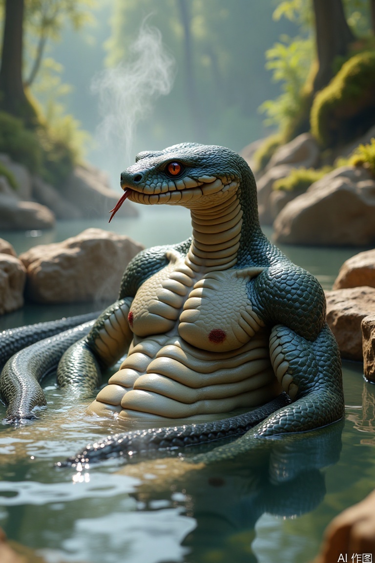 A realistic humanoid snake relaxing in a hot spring: A muscular, humanoid snake with a serpentine lower body and a human-like torso, coiled comfortably in a natural hot spring. Its upper body has defined muscles and smooth, iridescent scales, while its face retains snake-like features (slit pupils, forked tongue) but with a humanized expression of relaxation. The steam rises gently around its body, and the water reflects the warm tones of the surrounding rocks and vegetation. The background features a serene forest setting, with moss-covered rocks, distant trees, and soft sunlight filtering through the mist. Focus on realistic anatomy, scale texture, water and steam effects, and the tranquil atmosphere of the hot spring.