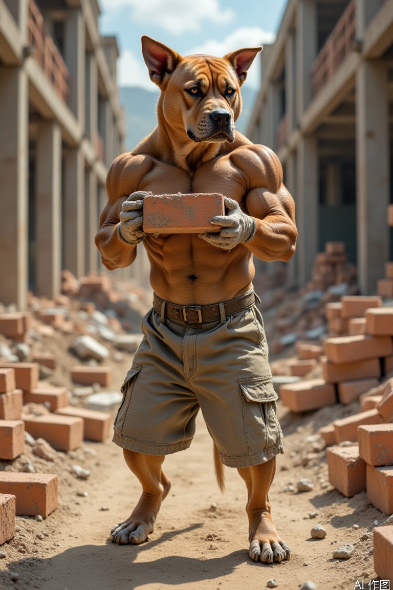 A robust canine with muscular physique is depicted on a construction site, surrounded by scattered bricks and construction debris. The dog's paws are covered in dusty cement mix as it lifts a large brick with its mouth, demonstrating impressive strength and determination. shirtlessThe sun casts a warm glow over the scene, highlighting the dog's rugged features and the industrial backdrop.