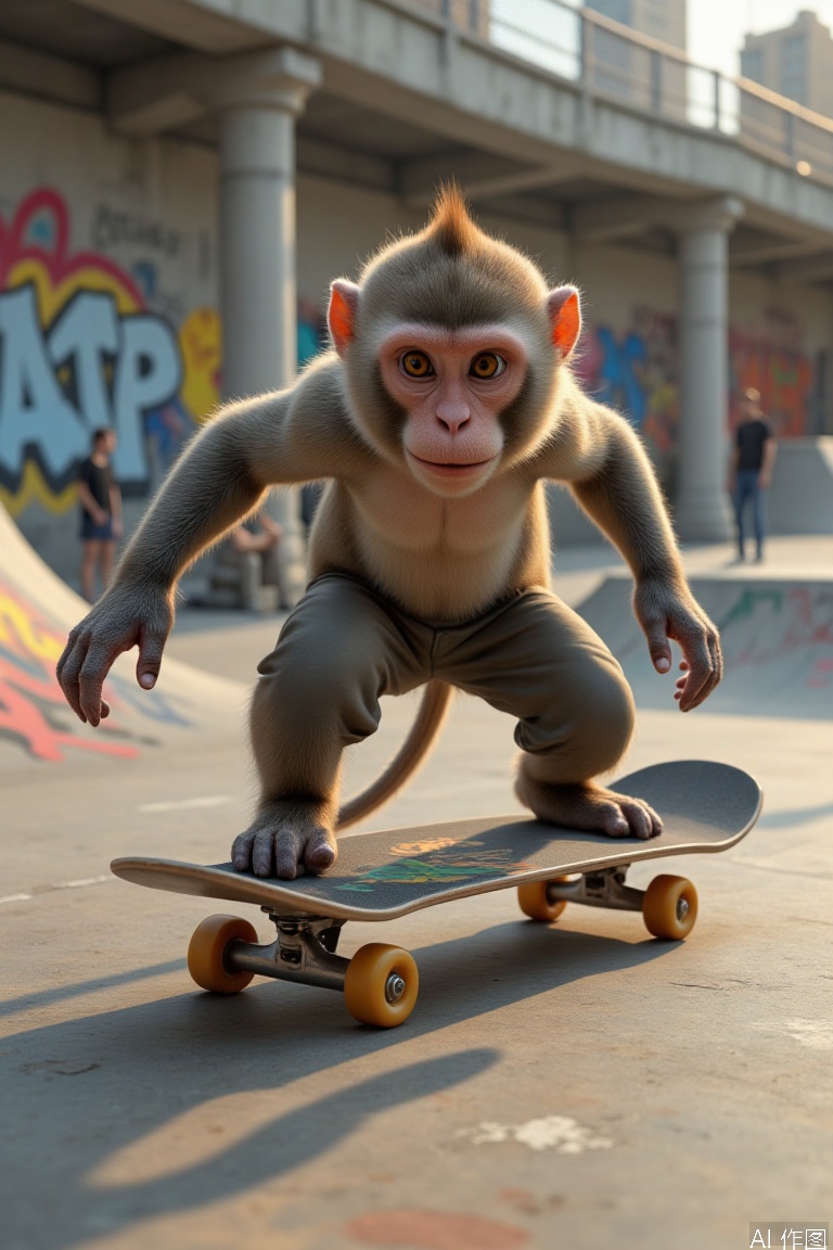 "A realistic monkey skateboarding: A young, agile monkey with sleek fur and expressive eyes, crouching low on a skateboard mid-trick. Its fur shows subtle texture variations, with highlights from the sun casting a natural sheen. The skateboard is detailed, with scuff marks and a vibrant graphic design. The scene is set in an urban skatepark, with concrete ramps, graffiti-covered walls, and a few onlookers in the background. The monkey’s posture is dynamic, with one hand lightly touching the ground for balance, and its tail curled for stability. Focus on realistic anatomy, fur texture, skateboard details, and the gritty urban environment."wear pant