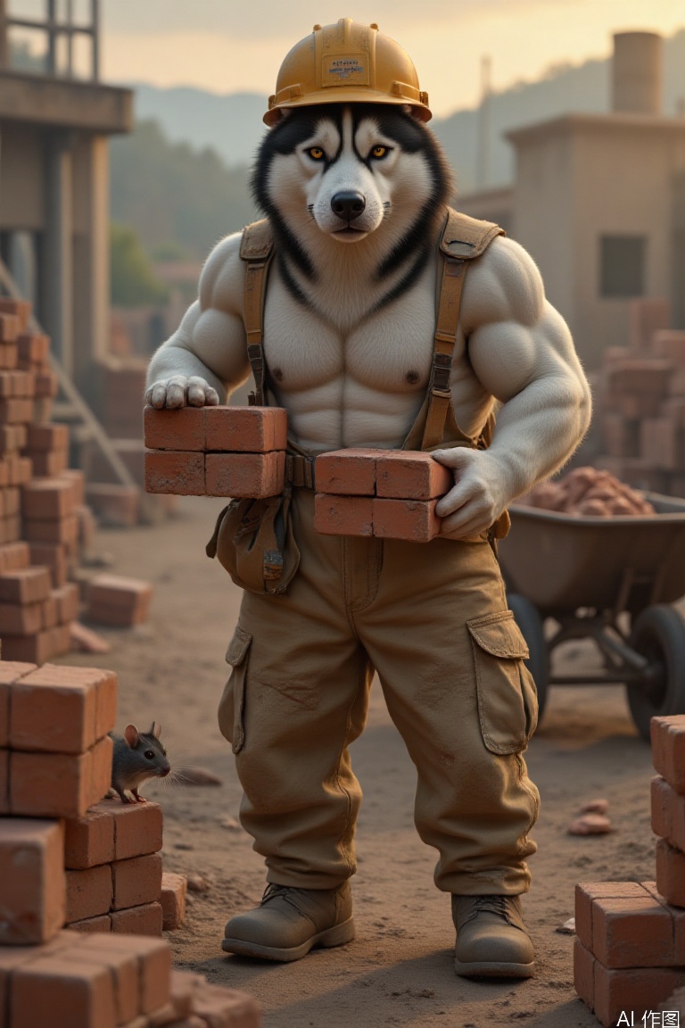 Realistic-style Husky: A chubby yet muscular build (strong shoulders and legs with a slightly rounded belly), standing upright on hind legs in a human-like posture, gripping weathered red bricks with its front paws, and wearing a realistically proportioned hard hat. The fur is finely detailed (black, white, and gray gradients with a dusty texture), and its eyes show focus with a hint of pride. The background is a dusk construction site (piles of bricks, a rusty wheelbarrow), rendered with dusty golden-hour lighting, and a realistic mouse peeking out from the cracks of the bricks. Emphasize anatomical muscle structure, brick and metal textures, and fur lighting contrasts to create a surreal, absurd laborer atmosphere."