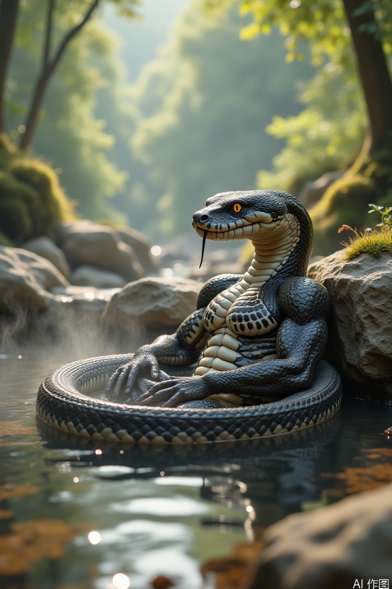 A realistic humanoid snake relaxing in a hot spring: A muscular, humanoid snake with a serpentine lower body and a human-like torso, coiled comfortably in a natural hot spring. Its upper body has defined muscles and smooth, iridescent scales, while its face retains snake-like features (slit pupils, forked tongue) but with a humanized expression of relaxation. The steam rises gently around its body, and the water reflects the warm tones of the surrounding rocks and vegetation. The background features a serene forest setting, with moss-covered rocks, distant trees, and soft sunlight filtering through the mist. Focus on realistic anatomy, scale texture, water and steam effects, and the tranquil atmosphere of the hot spring.