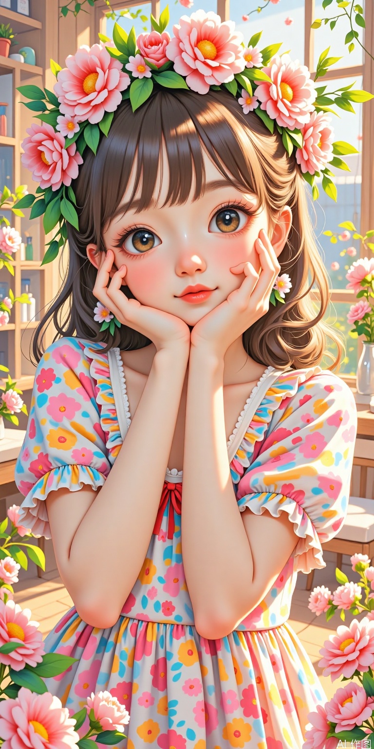 Anime style illustration. In the picture, there is a girl wearing a garland and a floral dress. The overall atmosphere is warm and sweet, full of spring romantic atmosphere. This kind of illustration can often be used in wallpaper, poster design and other scenes.