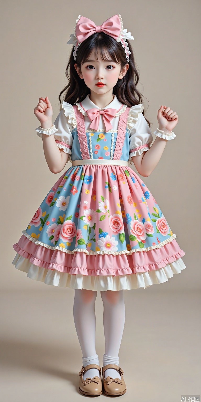 The little girl in the picture is wearing a colorful Lolita style dress with flower patterns on the skirt, paired with large bow hair accessories, white stockings and small leather shoes. Lolita style clothing originated from the introduction of European court skirts and developed and popular in Japan, emphasizing different style characteristics such as sweetness, elegance or Gothic.
