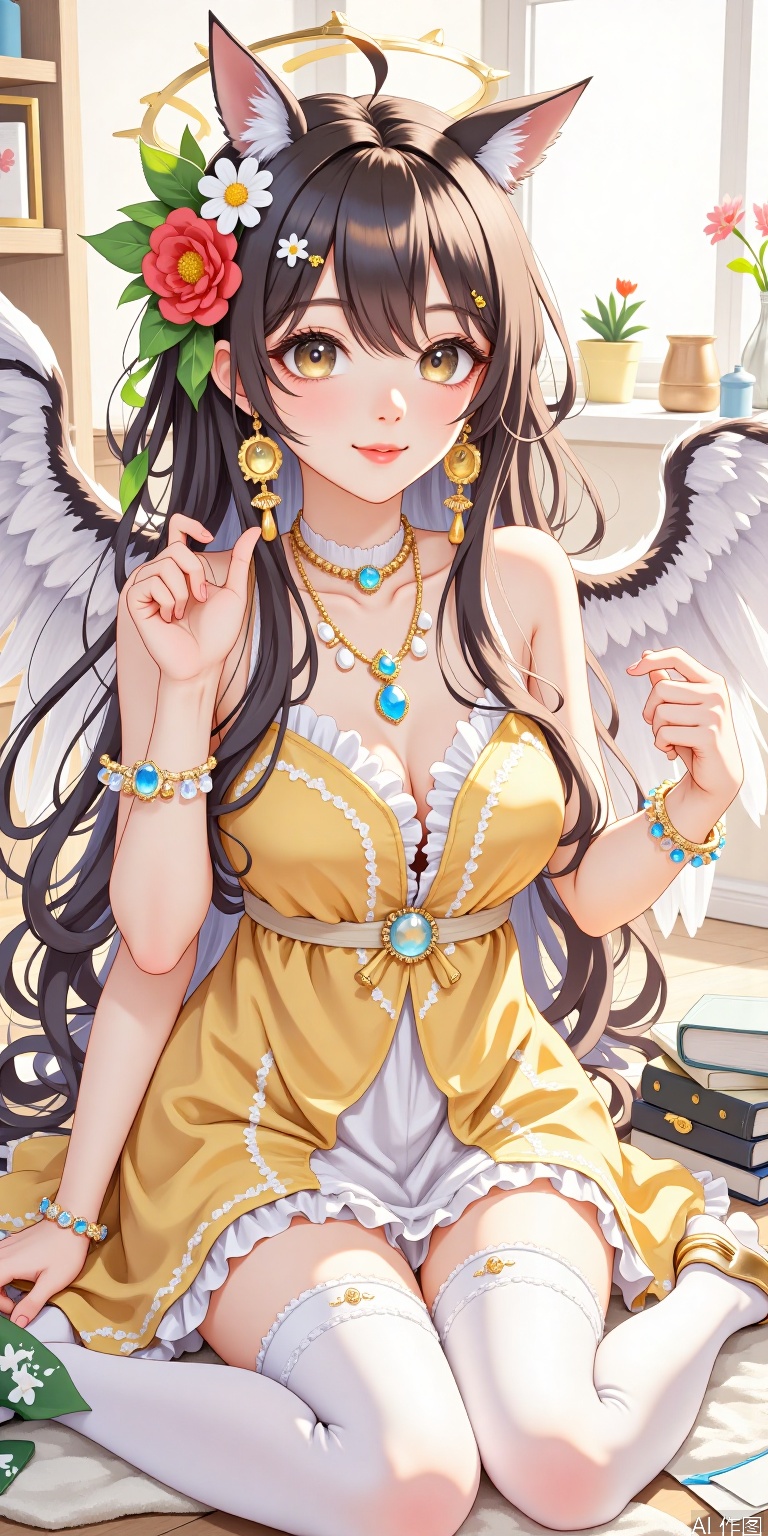 1girl, solo, long hair, breasts, looking at viewer, brown hair, black hair, hair ornament, thighhighs, dress, brown eyes, jewelry, sitting, full body, flower, wings, pointy ears, hair flower, necklace, high heels, bracelet, white thighhighs, book, yellow dress