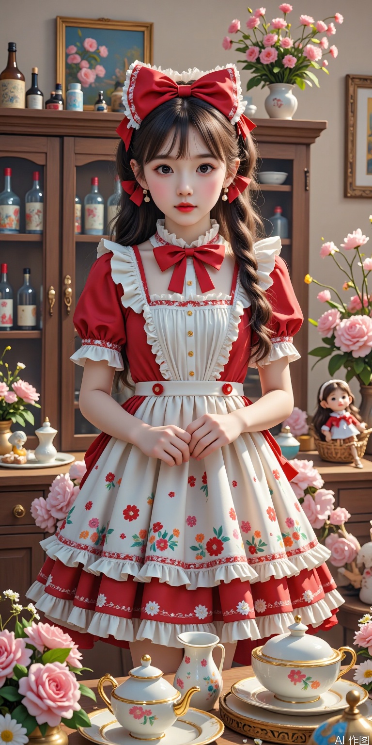 The girl in the picture is wearing a red and white Lolita-style outfit with a big red bow hair accessories. The background is a cupboard filled with bottles, decorative paintings and flowers, and tea sets, dolls, etc. on the table. The Lolita style combines a variety of fashion elements, often creating a sweet and dreamy atmosphere.