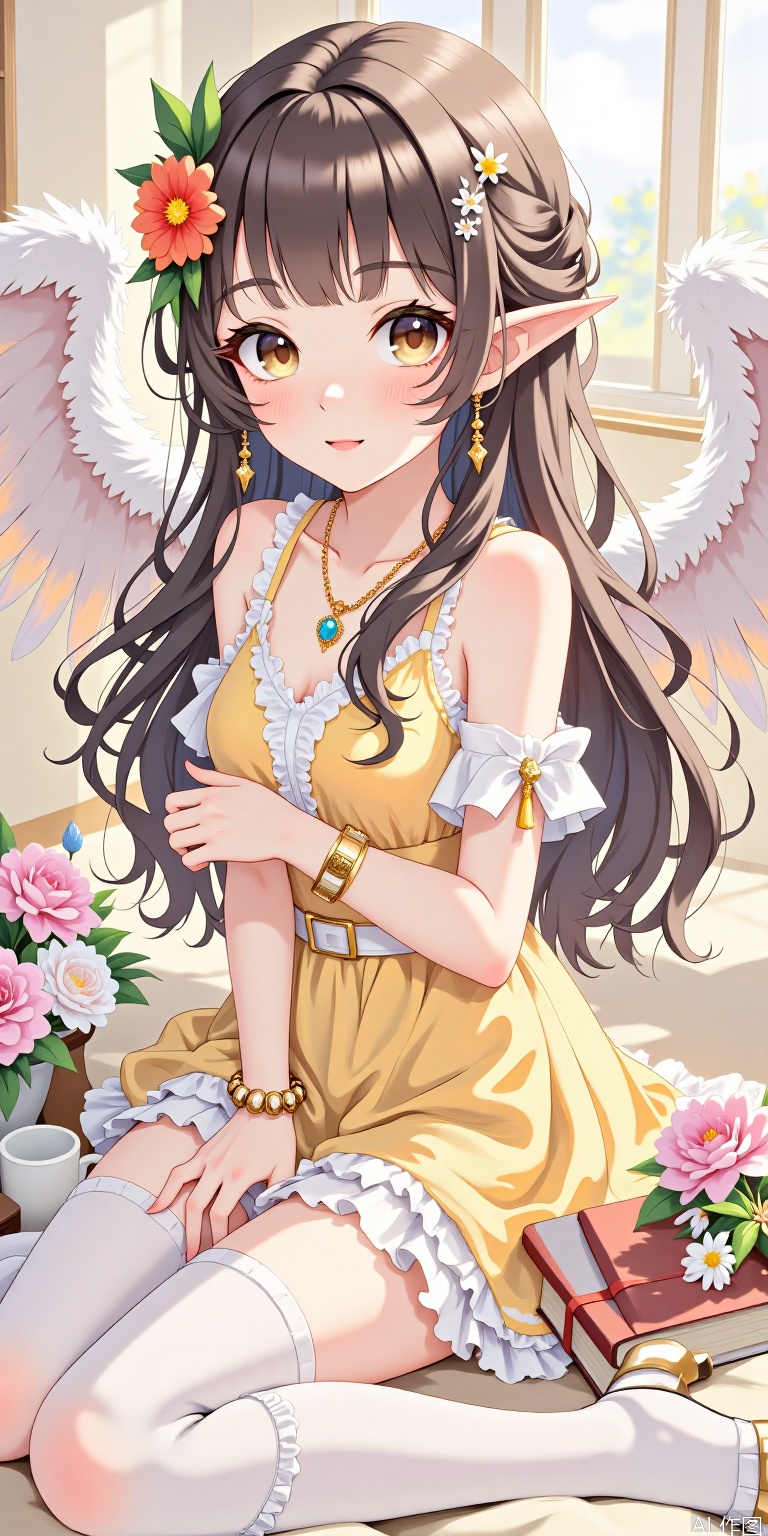 1girl, solo, long hair, breasts, looking at viewer, brown hair, black hair, hair ornament, thighhighs, dress, brown eyes, jewelry, sitting, full body, flower, wings, pointy ears, hair flower, necklace, high heels, bracelet, white thighhighs, book, yellow dress
