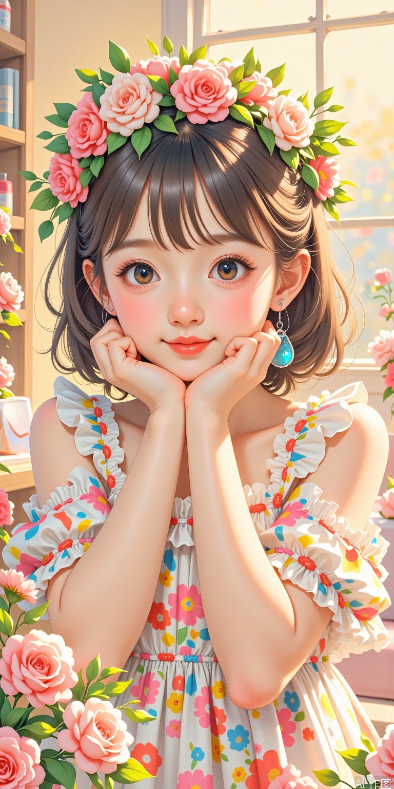 In the picture, there is a girl wearing a garland and a floral dress. The overall atmosphere is warm and sweet, full of spring romantic atmosphere. This kind of illustration can often be used in wallpaper, poster design and other scenes.