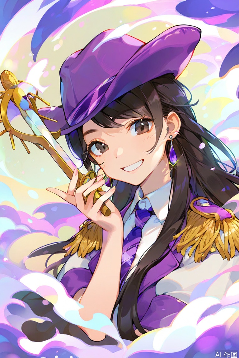 1girl, solo, long hair, looking at viewer, smile, bangs, shirt, black hair, hat, holding, brown eyes, jewelry, jacket, white shirt, upper body, short sleeves, earrings, necktie, collared shirt, grin, black eyes, epaulettes, cropped torso, purple headwear, purple necktie