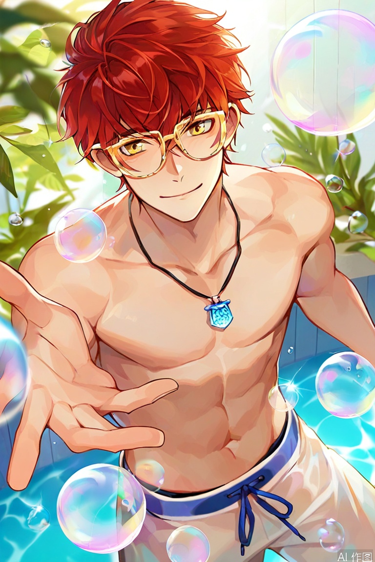 solo, looking at viewer, smile, short hair, bangs, 1boy, navel, jewelry, closed mouth, yellow eyes, male focus, red hair, glasses, necklace, abs, plant, bubble, topless male, reaching towards viewer, male swimwear, swim trunks 