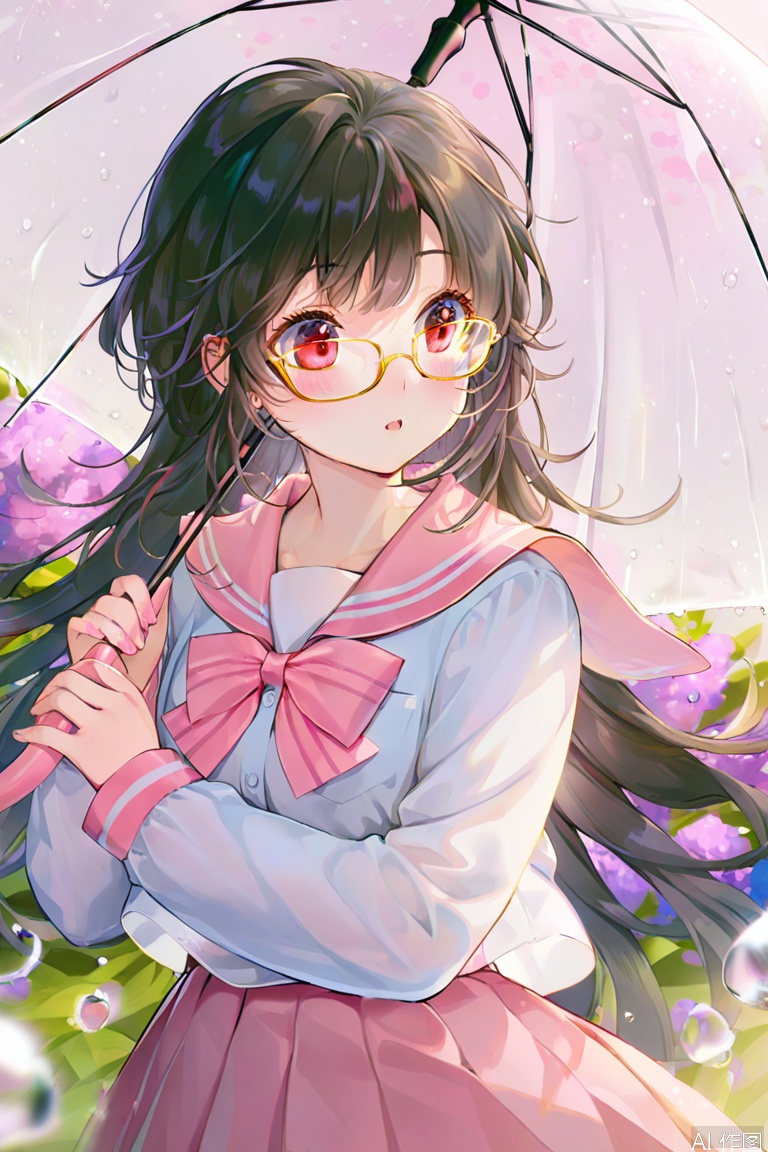 1girl, solo, open mouth, bangs, skirt, shirt, black hair, red eyes, long sleeves, bow, holding, school uniform, white shirt, pleated skirt, parted lips, glasses, bowtie, sailor collar, umbrella,  pink bow, pink nails, pink skirt, holding umbrella, transparent,  transparent umbrella