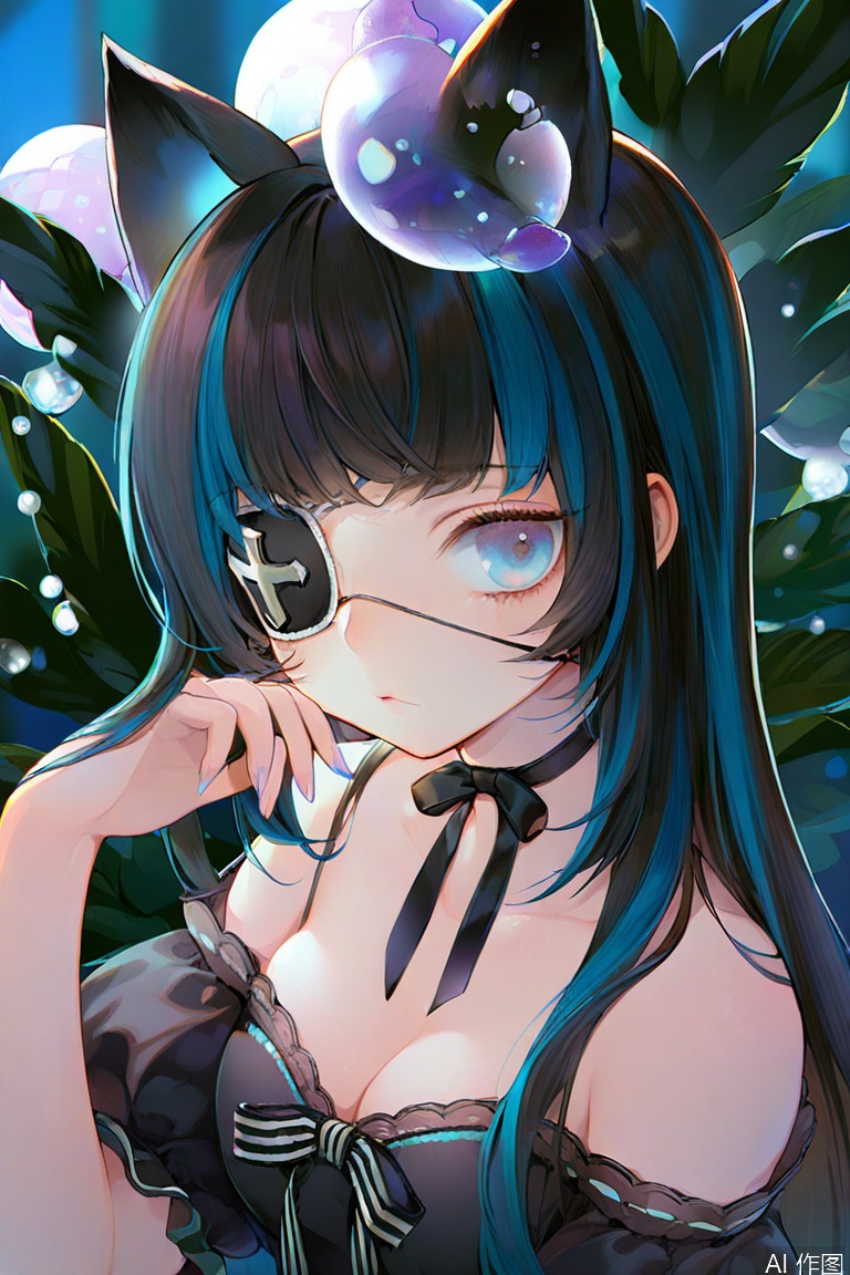 1girl, solo, long hair, breasts, looking at viewer, bangs, blue eyes, black hair, dress, bow, ribbon, cleavage, bare shoulders, medium breasts, closed mouth, blue hair, collarbone, upper body, short sleeves, multicolored hair, choker, puffy sleeves, off shoulder, black dress, streaked hair, eyepatch, eyeball