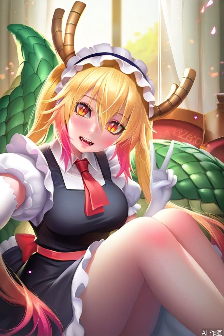 1girl, solo, long hair, breasts, looking at viewer, blush, smile, open mouth, bangs, blonde hair, shirt, gloves, dress, hair between eyes, twintails, medium breasts, sitting, tail, white shirt, short sleeves, sidelocks, multicolored hair, frills, necktie, horns, teeth, sleeveless, elbow gloves, puffy sleeves, collared shirt, artist name, indoors, white gloves, hand up, black dress, puffy short sleeves, lips, orange eyes, head tilt, maid, sash, maid headdress, ascot, eyelashes, gradient hair, makeup, copyright name, sleeveless dress, fangs, frilled dress, grass, frilled skirt, wing collar, slit pupils, frilled sleeves, red necktie, knees up, dragon horns, dragon girl, pink lips, nose, dragon tail, selfie, scales, red ascot, large tail, tohru \(maidragon\)