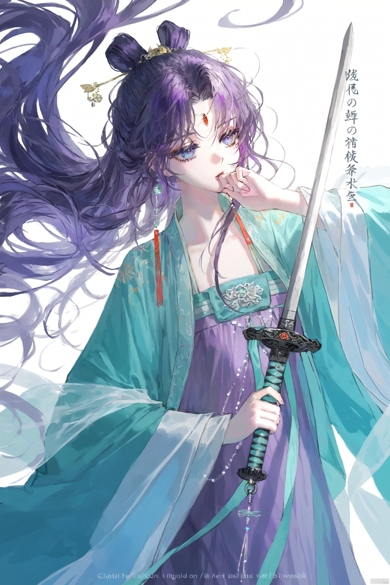 (artist:quasarcake:0.8),extreme aesthetic,(wlop:0.6),
White background, very long hair, simple background, white theme, folds, close your mouth,
1 girl, solo, long hair, weapon, purple hair, sword, Chinese clothing, Hanfu, holding, holding a weapon, long sleeves, purple eyes, whole body, holding a sword, purple dress, wide sleeves, bun, shut up, floating hair, jewelry, half body, animated clothes, ancient Hanfu, big eyes, Japanese painting style, fczj
