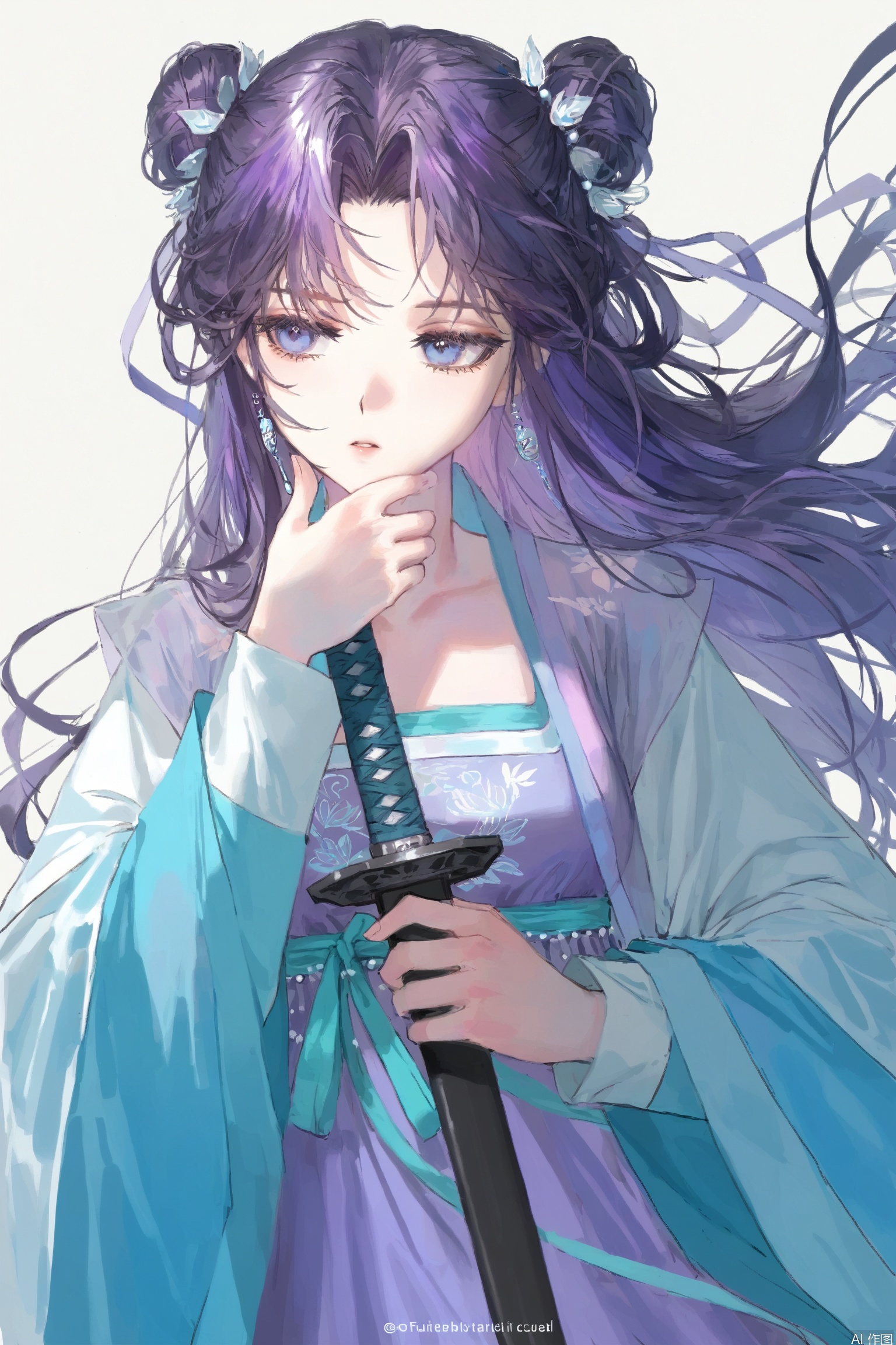 (artist:quasarcake:0.8),extreme aesthetic,(wlop:0.6),
White background, very long hair, simple background, white theme, folds, close your mouth,
1 girl, solo, long hair, weapon, purple hair, sword, Chinese clothing, Hanfu, holding, holding a weapon, long sleeves, purple eyes, whole body, holding a sword, purple dress, wide sleeves, bun, shut up, floating hair, jewelry, half body, animated clothes, ancient Hanfu, big eyes, Japanese painting style, fczj