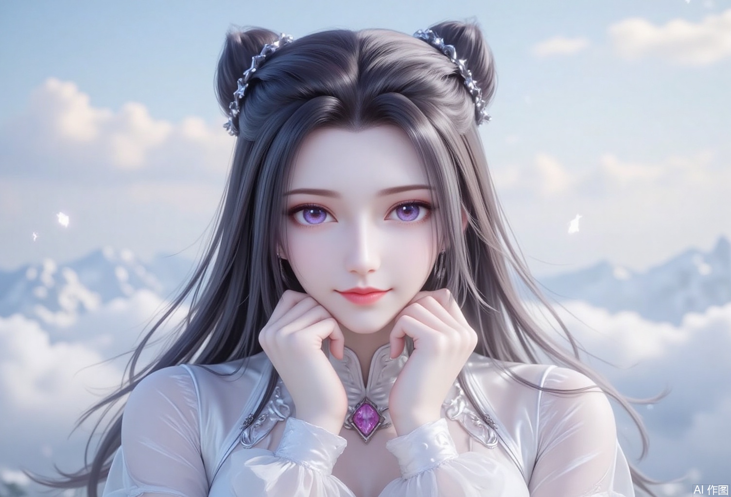 baoshi,lvjing,a beautiful portrait,a beautiful girl with both hands on the chin,show a shallow smile,the white theme,the background is dreamy sky,double bun head,long black hair,purple eyes