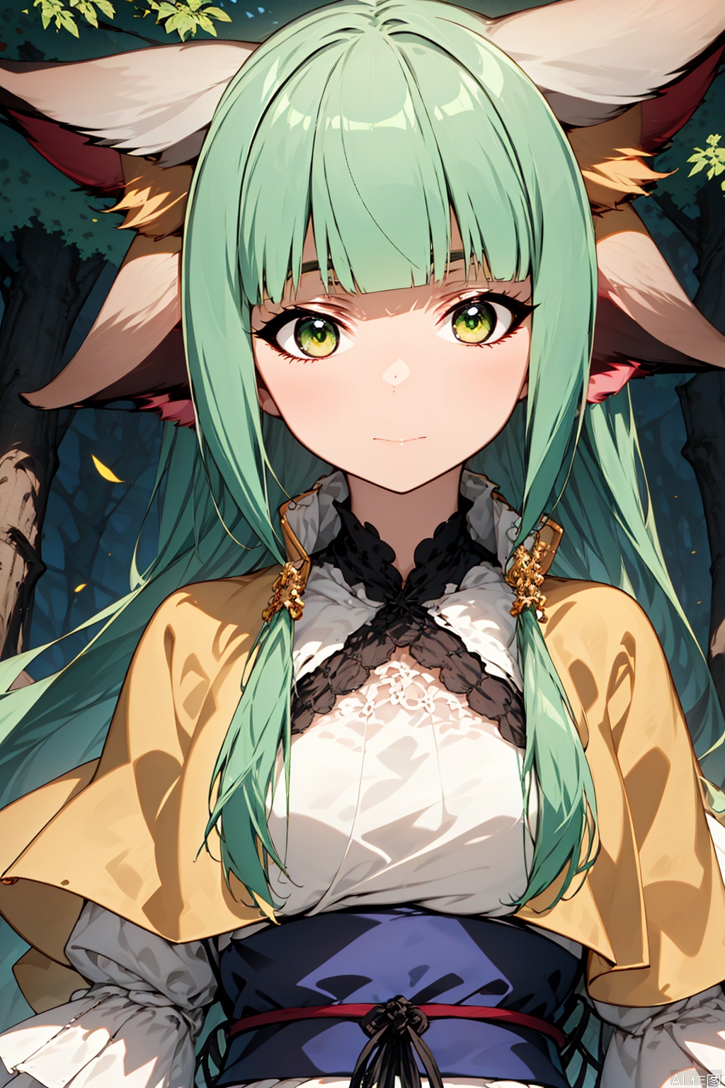 1girl, solo, long hair, looking at viewer, bangs, hair ornament, long sleeves, dress, animal ears, very long hair, closed mouth, green eyes, green hair, blunt bangs, animal ear fluff, sash, fox ears, capelet, layered sleeves, yellow dress, looking at viewer, masterpiece,best quality,official art,extremely detailed CG unity 8k wallpaper,,Forest,Thigh exposed,thighhighs,upper body,looking at viewer,