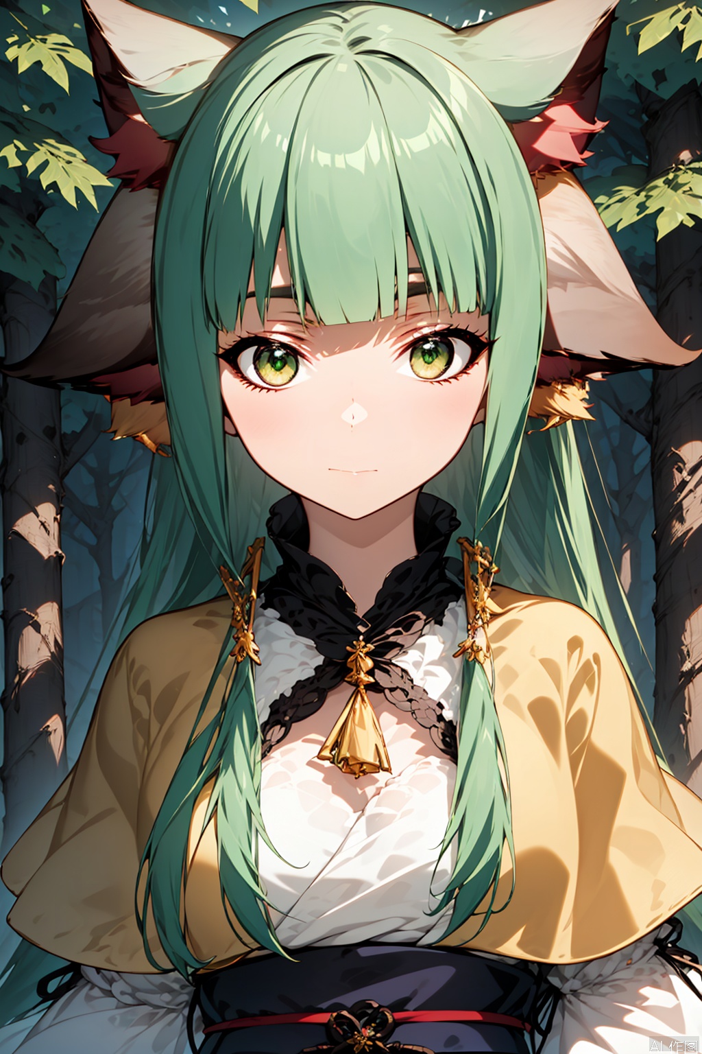 1girl, solo, long hair, looking at viewer, bangs, hair ornament, long sleeves, dress, animal ears, very long hair, closed mouth, green eyes, green hair, blunt bangs, animal ear fluff, sash, fox ears, capelet, layered sleeves, yellow dress, looking at viewer, masterpiece,best quality,official art,extremely detailed CG unity 8k wallpaper,,Forest,Thigh exposed,thighhighs,upper body,looking at viewer,
