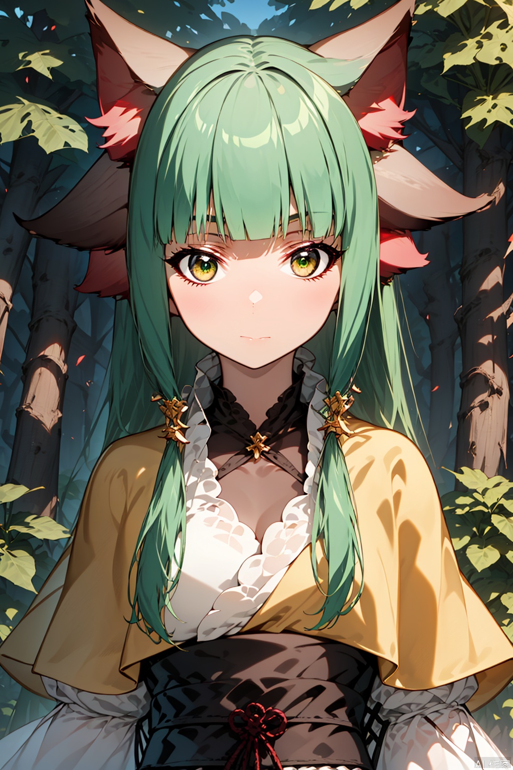 1girl, solo, long hair, looking at viewer, bangs, hair ornament, long sleeves, dress, animal ears, very long hair, closed mouth, green eyes, green hair, blunt bangs, animal ear fluff, sash, fox ears, capelet, layered sleeves, yellow dress, looking at viewer, masterpiece,best quality,official art,extremely detailed CG unity 8k wallpaper,,Forest,Thigh exposed,thighhighs,upper body,looking at viewer,