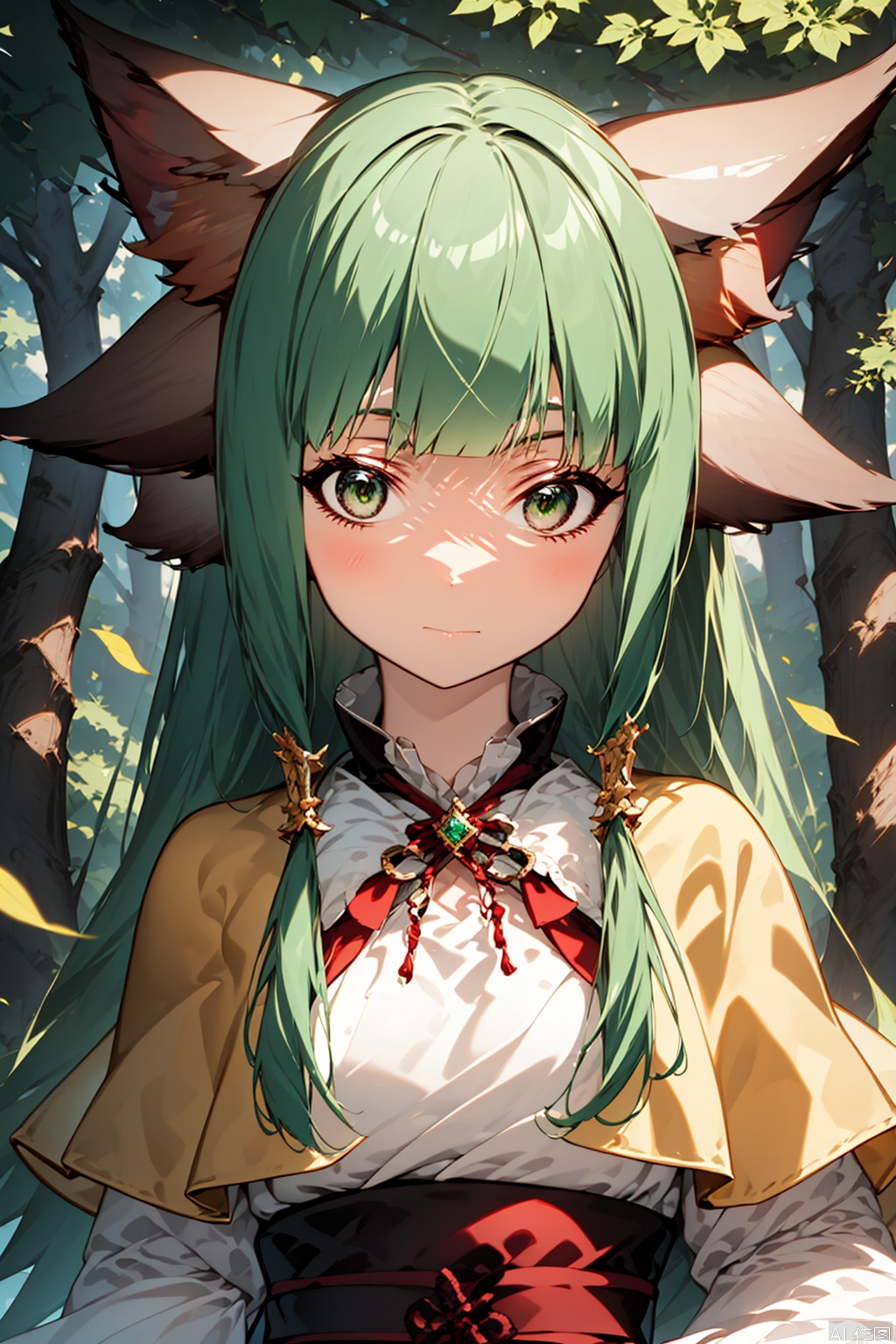 1girl, solo, long hair, looking at viewer, bangs, hair ornament, long sleeves, dress, animal ears, very long hair, closed mouth, green eyes, green hair, blunt bangs, animal ear fluff, sash, fox ears, capelet, layered sleeves, yellow dress, looking at viewer, masterpiece,best quality,official art,extremely detailed CG unity 8k wallpaper,,Forest,Thigh exposed,thighhighs,upper body,looking at viewer,