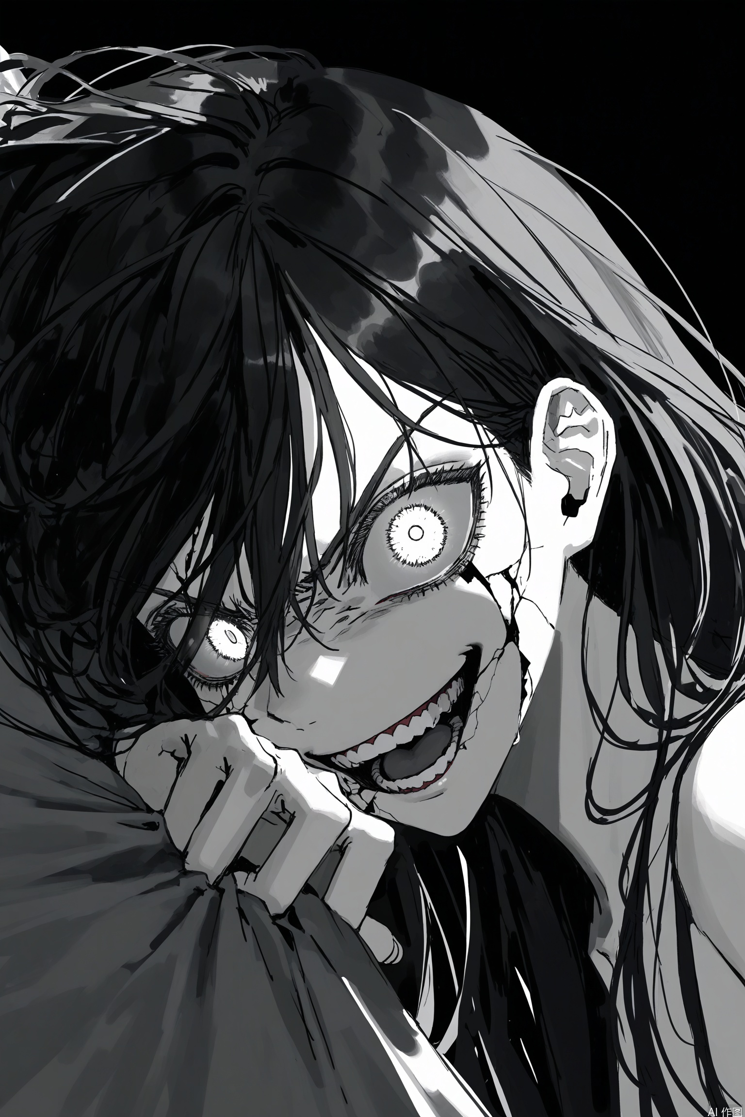 (artist:quasarcake:0.8),extreme aesthetic,(wlop:0.6),
Black and white background, very long hair, simple background, black and white theme, folds, close your mouth,indoors,There is blood on the sheets.

1girl,male focus, solo, monochrome, open mouth, greyscale, teeth, black background, looking at viewer, portrait, angry, short hair, cracked skin, wide-eyed, glowing, crazy smile, spiked hair,,cjj,Sickly