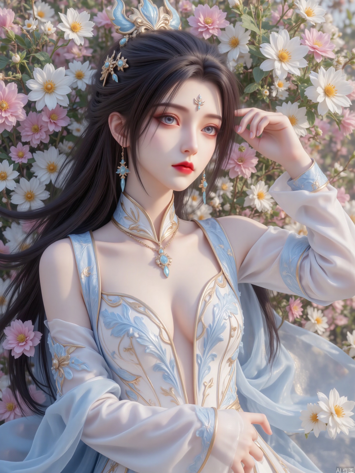 Subject: The main body of the picture is a woman with long black hair, wearing a delicate blue headdress, a white dress with blue patterns, and a blue pendant necklace around her neck. Her makeup is exquisite, her facial features are three-dimensional, and her overall shape is like a fairy in a flower.
Position: She lay in the flowers, raised one hand and gently touched the thread, and placed the other hand naturally beside her, with her posture elegant and soft.
Light and shadow: The light is bright and soft, which simulates the effect of sunlight, forms a rich layer of light and shadow on the characters and flowers, enhances the three-dimensionality and dreaminess of the picture, and highlights the texture of the clothing and petals.
Art style: It belongs to the realistic style. The characters' hair, facial expressions and the textures of the clothes are all portrayed in a very delicate and realistic manner, full of fantasy and romantic colors.
Background: The background is colorful flowers, with flowers of various colors intertwined to create a vibrant and beautiful scene, setting off the freshness and elegance of the main character.