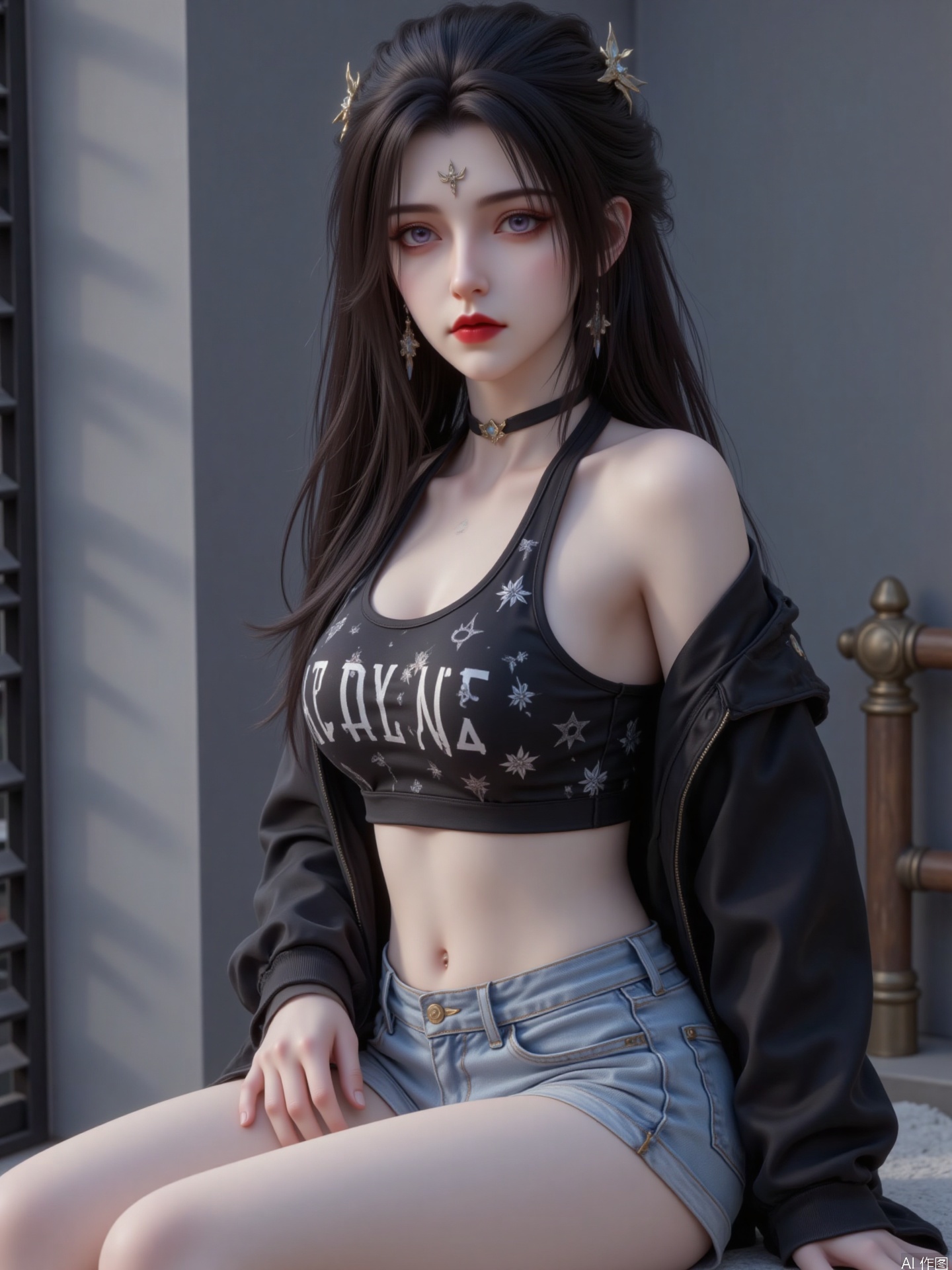 main body
The main body of the picture is a woman. She has long black hair, soft hair, purple eyes are very eye-catching and delicate. The upper body is wearing a short black sports vest with white letters and patterns on the vest, a black jacket on the outside, and light blue denim shorts on the lower body, the overall outfit shows youthful vitality and fashion sense.
attitude
She was sitting, her body turned slightly to the camera, and one arm was naturally placed beside her, with a relaxed and natural posture, looking straight ahead, revealing a confident temperament.
Light and shadow
The light is soft and even, mainly illuminating the characters from the front, forming a natural transition of light and shadow on the characters, highlighting the facial contour, material sense of clothing and body lines, creating a bright and comfortable atmosphere.
Art style
It is a realistic style, and the facial details, hair, clothing textures, etc. of the characters are delicately portrayed. The texture is excellent, the color matching is coordinated, the picture is real and has strong visual expression.
background
The background is relatively simple, mainly light gray walls, and some dark blinds can be seen vaguely. The simple background highlights the main body of the character, making the viewer's attention focus on the character image.