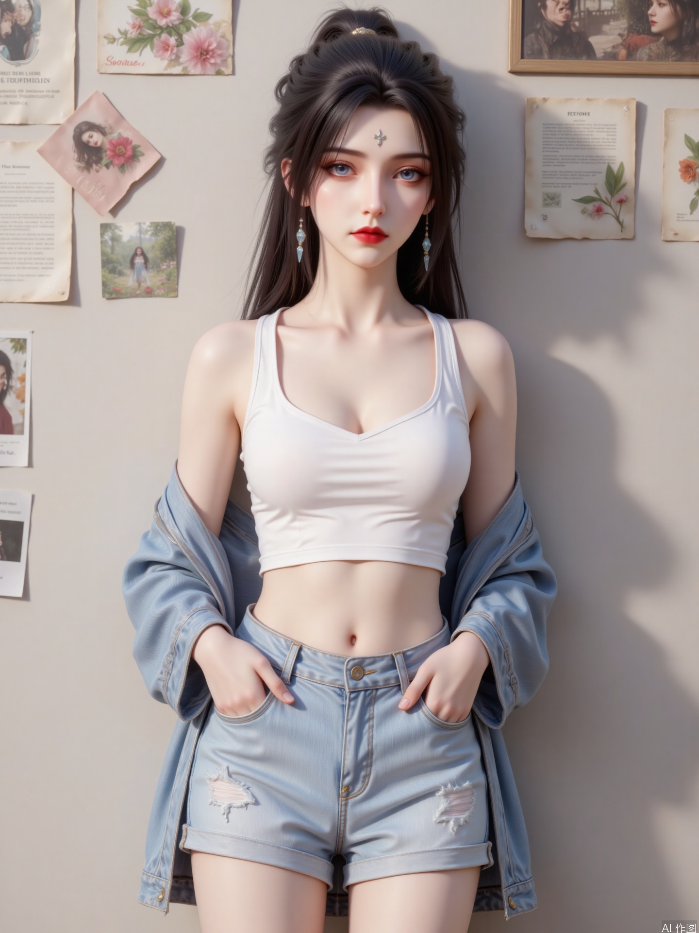 main body
The main body of the picture is a woman. She has long black hair, tied into a loose hairstyle, has a beautiful face and elegant makeup. She wore a white sports vest on the upper body, a light blue denim jacket on the outside, and light blue denim shorts on the lower body, making the overall look casual and fashionable.
attitude
Her back against the wall, her body leaned back slightly, her hands were inserted into the pockets of her denim shorts, her legs were slightly apart, her posture was relaxed and natural, showing a casual and free temperament.
Light and shadow
The light is soft, mainly side light, forming natural shadows on the characters, highlighting the curves of the body and the texture of the clothes, creating a warm and comfortable atmosphere.
Art style
It is a realistic style, and the facial details, hair, clothing textures, etc. of the characters are delicately portrayed. The texture is excellent, the color combination is fresh and natural, and the picture is real and full of lifestyle.
background
The background is a wall covered with various photos and papers. The colors of the photos and paper are soft and the content is diverse, adding to the literary and storyline of the picture, which contrasts with the casual outfits of the characters.