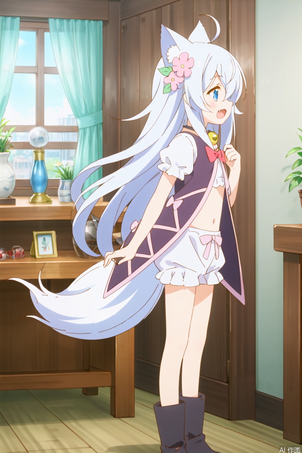 1girl,solo,long hair,white hair,blue eyes,hair ornament,animal ears,very long hair,underwear,tail,navel,,ahoge,short sleeves,boots,fang,midriff,puffy sleeves,hair flower,collar,puffy short,sleeves,jingle,bell,wolf tail,neck bell,masterpiece,best quality,official art,extremely detailed CG unity 8k wallpaper,open the mouth,standing,Sunshine,indoor,a living room,white bloomers,slim,skinny,(profile:1.2)
