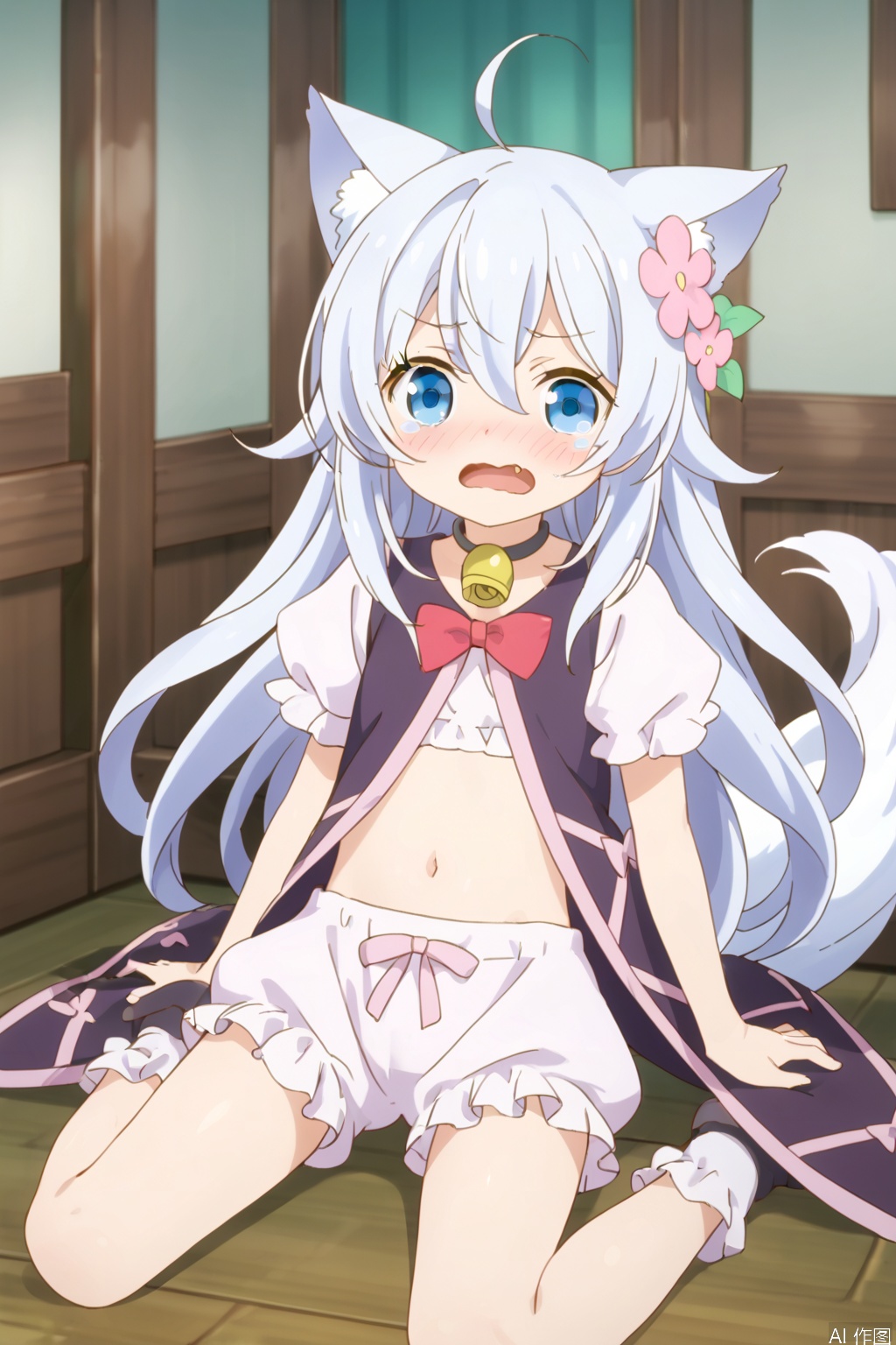 1girl,solo,long hair,white hair,blue eyes,hair ornament,animal ears,very long hair,underwear,tail,navel,,ahoge,short sleeves,fang,midriff,puffy sleeves,hair flower,collar,puffy short,sleeves,jingle,bell,wolf tail,neck bell,masterpiece,best quality,official art,extremely detailed CG unity 8k wallpaper,open the mouth,Sunshine,indoor,a living room,white bloomers,slim,skinny,sit,shock,(blush:1.3),tear,wavy mouth,loli