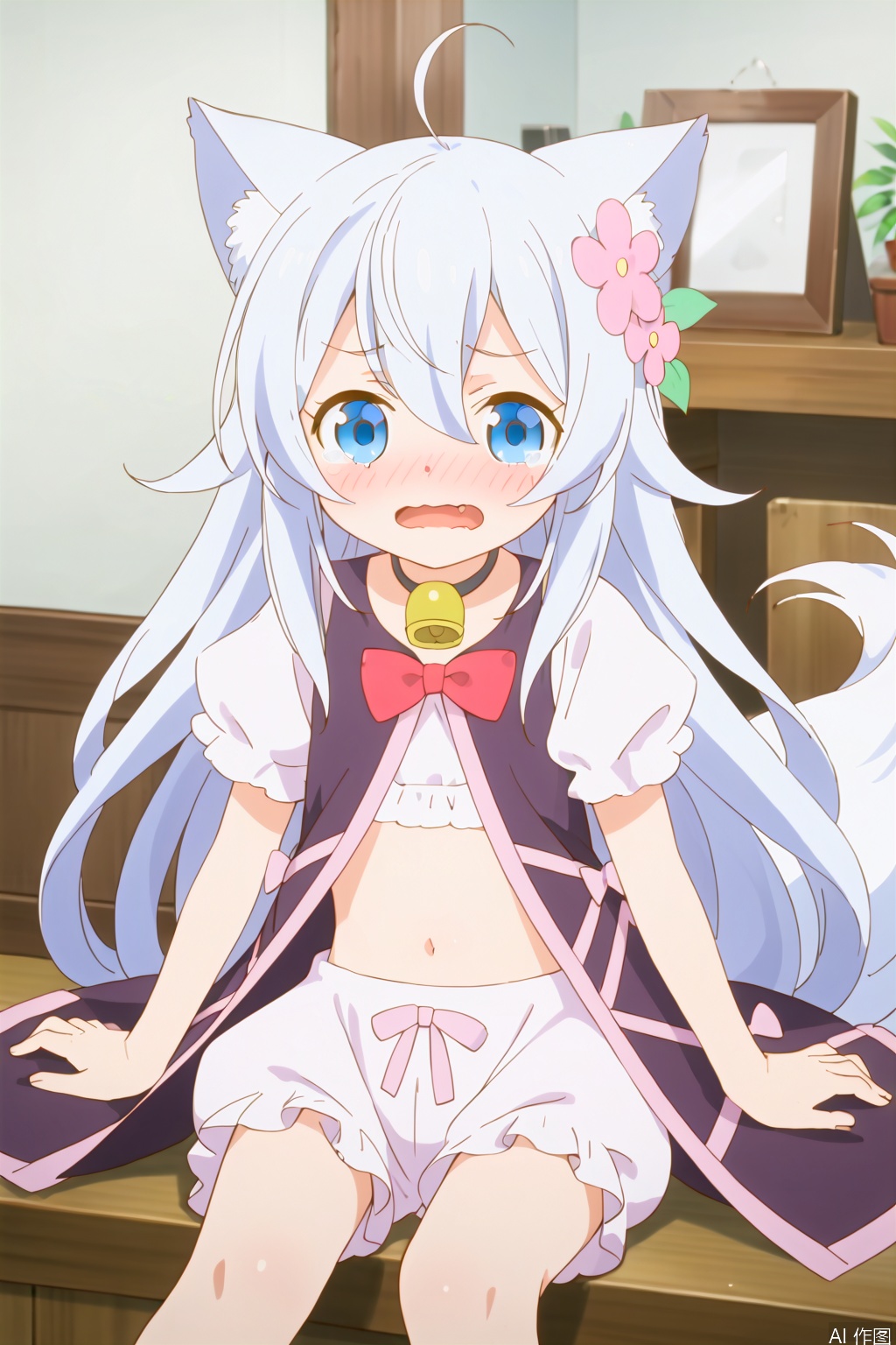 1girl,solo,long hair,white hair,blue eyes,hair ornament,animal ears,very long hair,underwear,tail,navel,,ahoge,short sleeves,fang,midriff,puffy sleeves,hair flower,collar,puffy short,sleeves,jingle,bell,wolf tail,neck bell,masterpiece,best quality,official art,extremely detailed CG unity 8k wallpaper,open the mouth,Sunshine,indoor,a living room,white bloomers,slim,skinny,sit,shock,(blush:1.3),tear,wavy mouth,loli