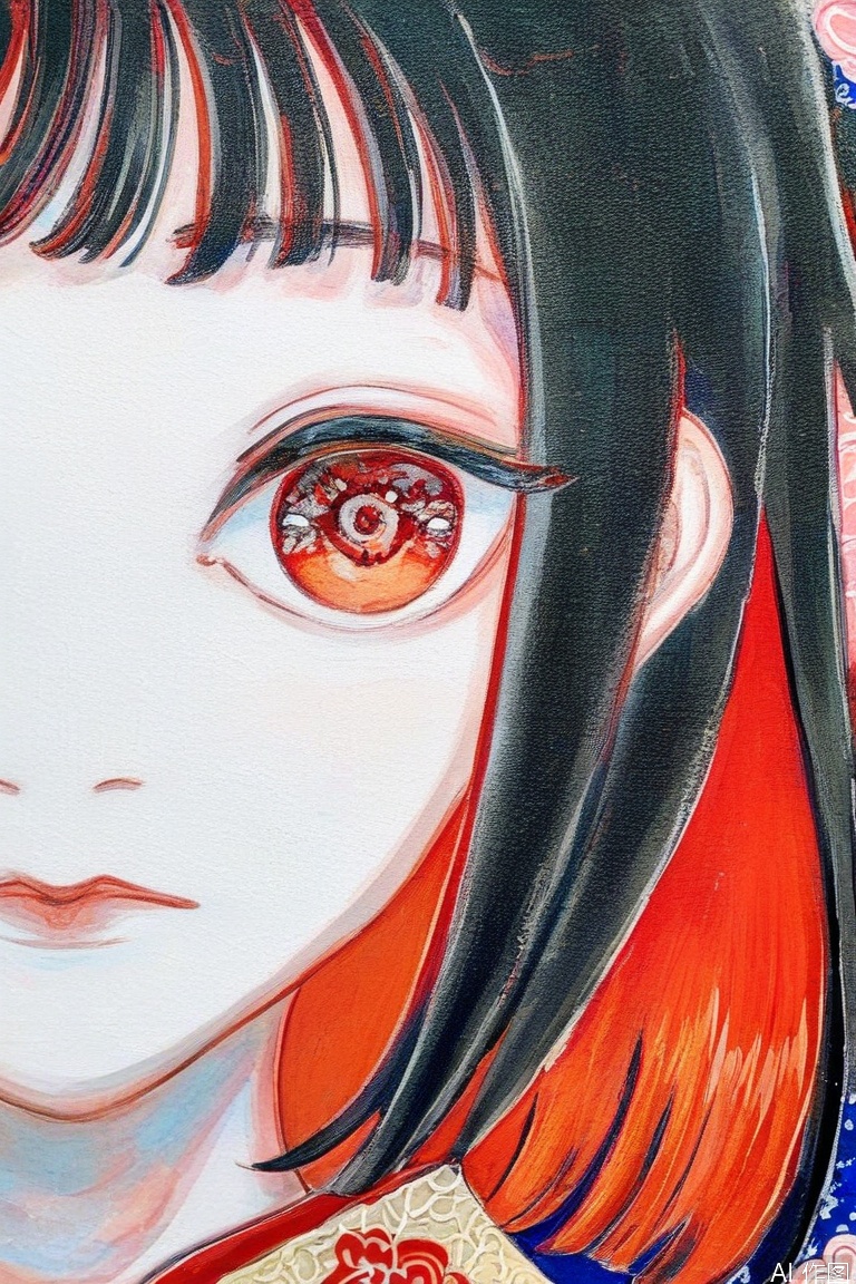 1girl, solo, looking at viewer, bangs, black hair, red eyes, red hair, traditional media, portrait, painting \(medium\)