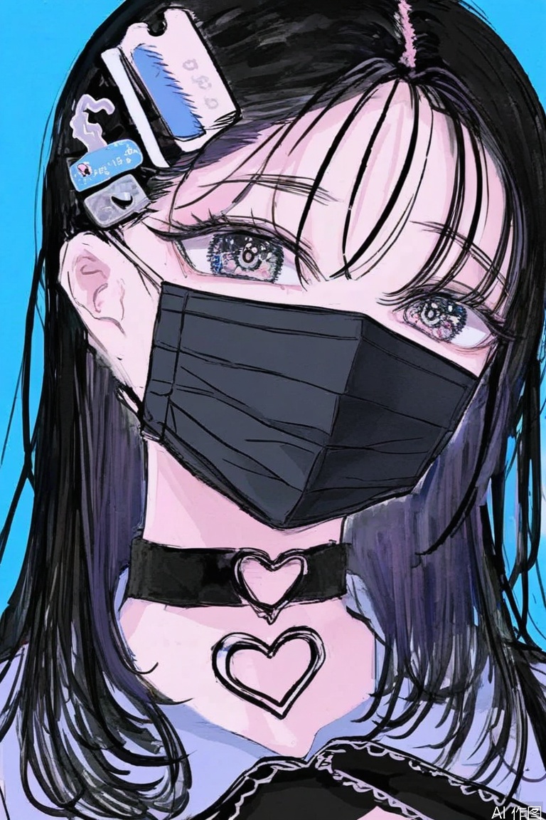 1girl, solo, long hair, looking at viewer, black hair, hair ornament, heart, choker, hairclip, mask, blue background, black choker, portrait, mouth mask, surgical mask, heart choker