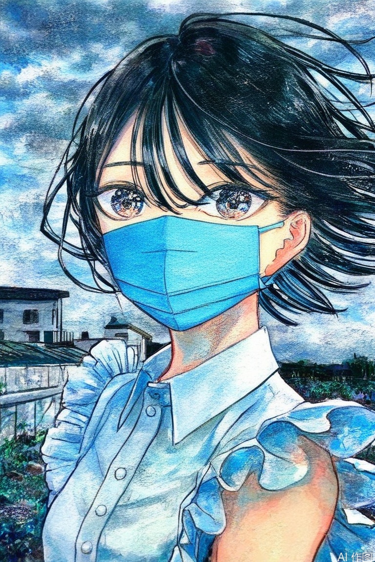 1girl, solo, looking at viewer, short hair, bangs, shirt, black hair, hair between eyes, white shirt, upper body, outdoors, frills, sky, sleeveless, collared shirt, cloud, sleeveless shirt, mask, floating hair, traditional media, cloudy sky, wind, building, mouth mask
