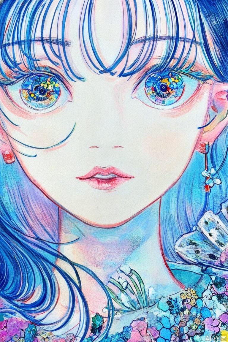 Rock painting,1girl, solo, long hair, looking at viewer, bangs, blue eyes, blue hair, flower, earrings, parted lips, lips, traditional media, portrait, close-up, multicolored eyes, colorful
