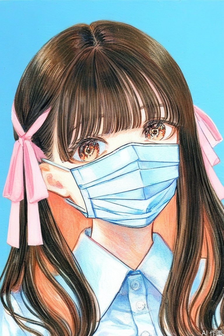 1girl, solo, long hair, looking at viewer, bangs, brown hair, shirt, black hair, ribbon, hair ribbon, upper body, collared shirt, mask, blue background, traditional media, portrait, pink ribbon, colored inner hair, mouth mask, surgical mask, white mask
