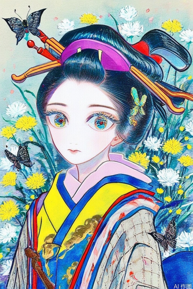 1girl, solo, looking at viewer, black hair, hair ornament, upper body, flower, japanese clothes, kimono, traditional media, bug, white flower, butterfly, multicolored eyes, yellow flower, hair stick