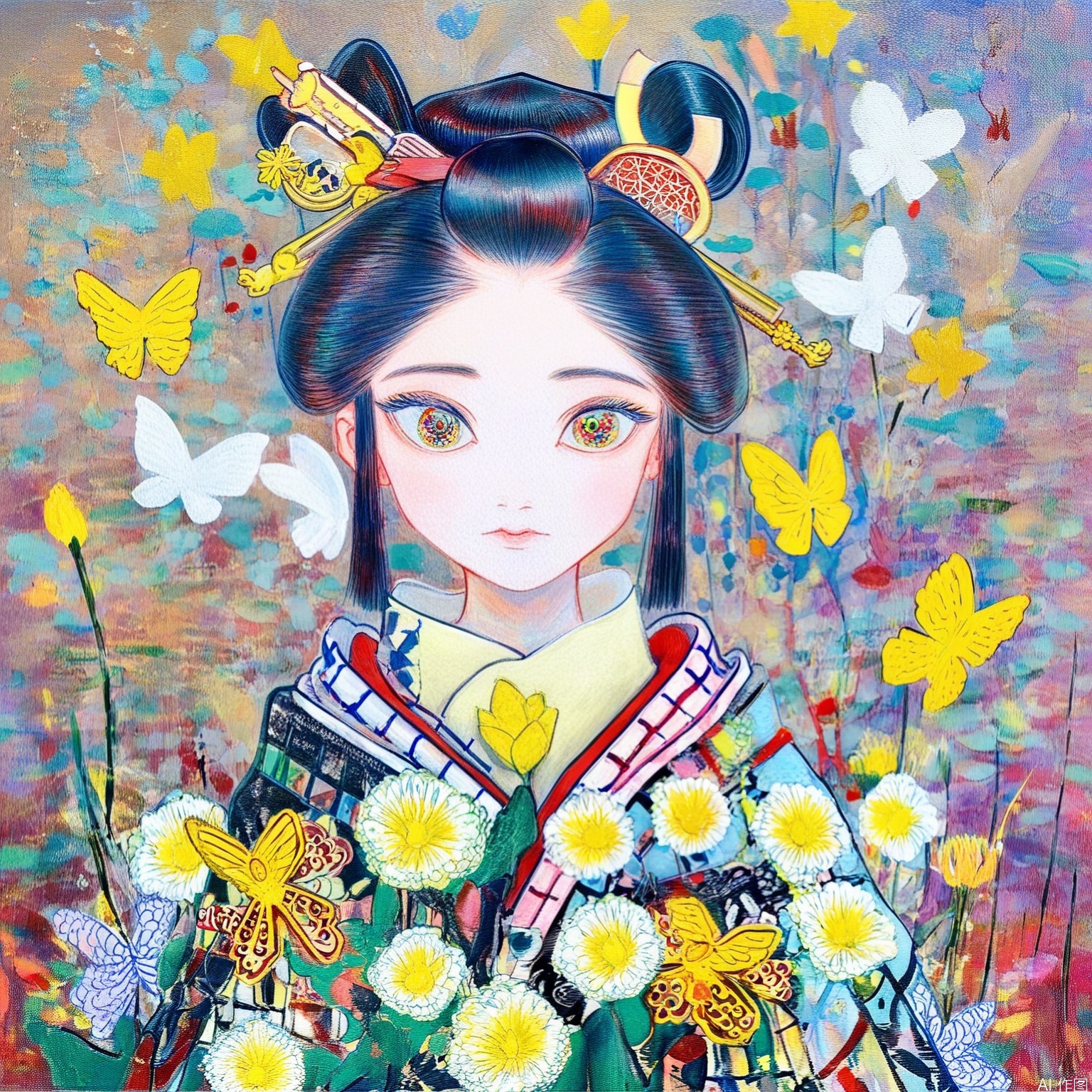 1girl, solo, looking at viewer, black hair, hair ornament, upper body, flower, japanese clothes, kimono, traditional media, bug, white flower, butterfly, multicolored eyes, yellow flower, hair stick